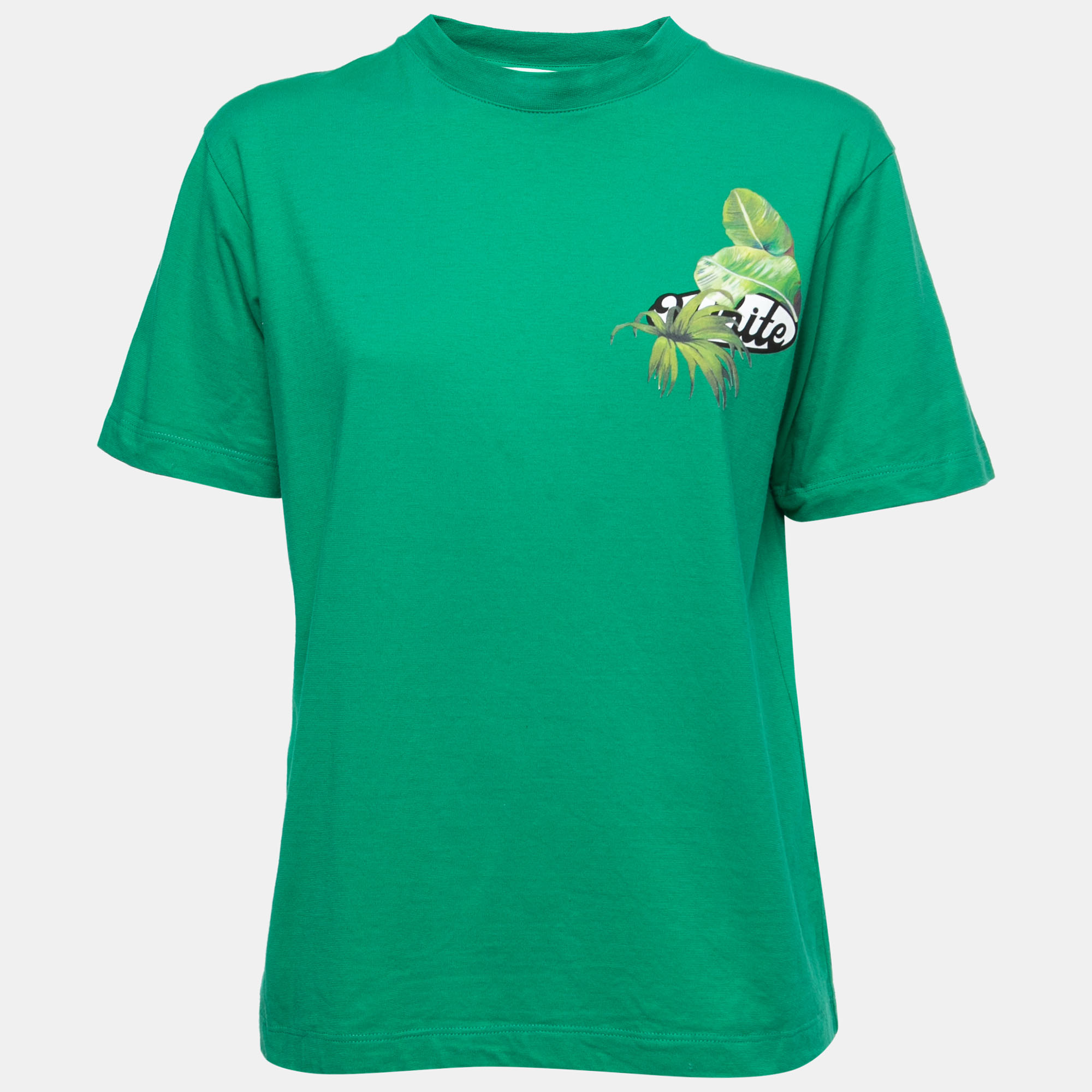 مملوكة مسبقًا Off-White Green Leaf Printed Cotton Half Sleeve T-shirt XS