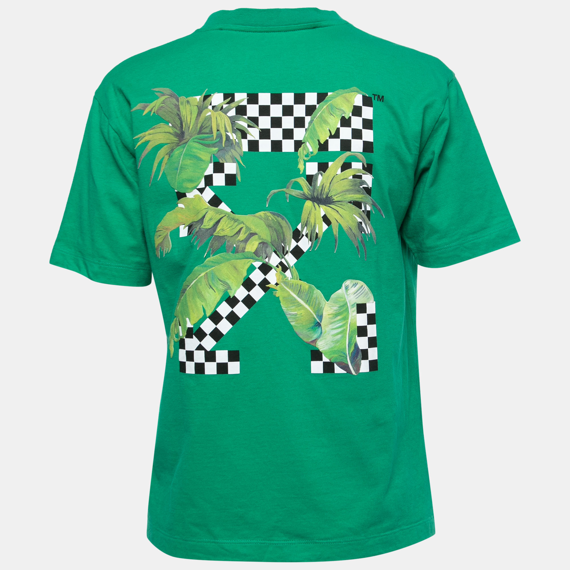 

Off-White Green Leaf Printed Cotton Half Sleeve T-shirt