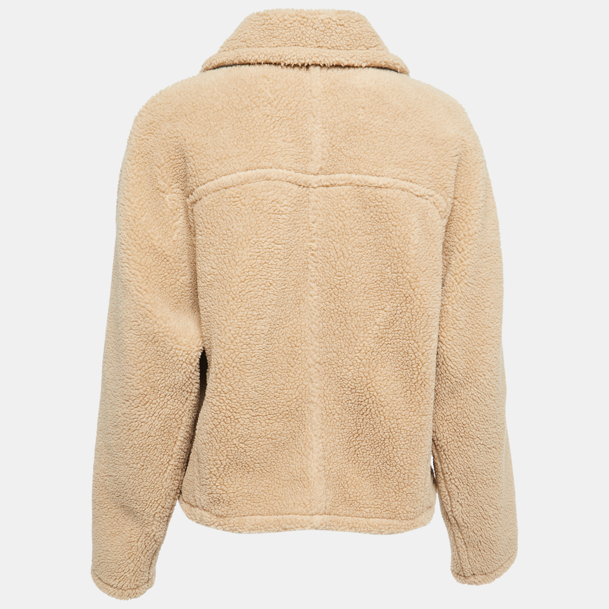 

Off-White Beige Faux Fur Denim Trimmed Buttoned Jacket