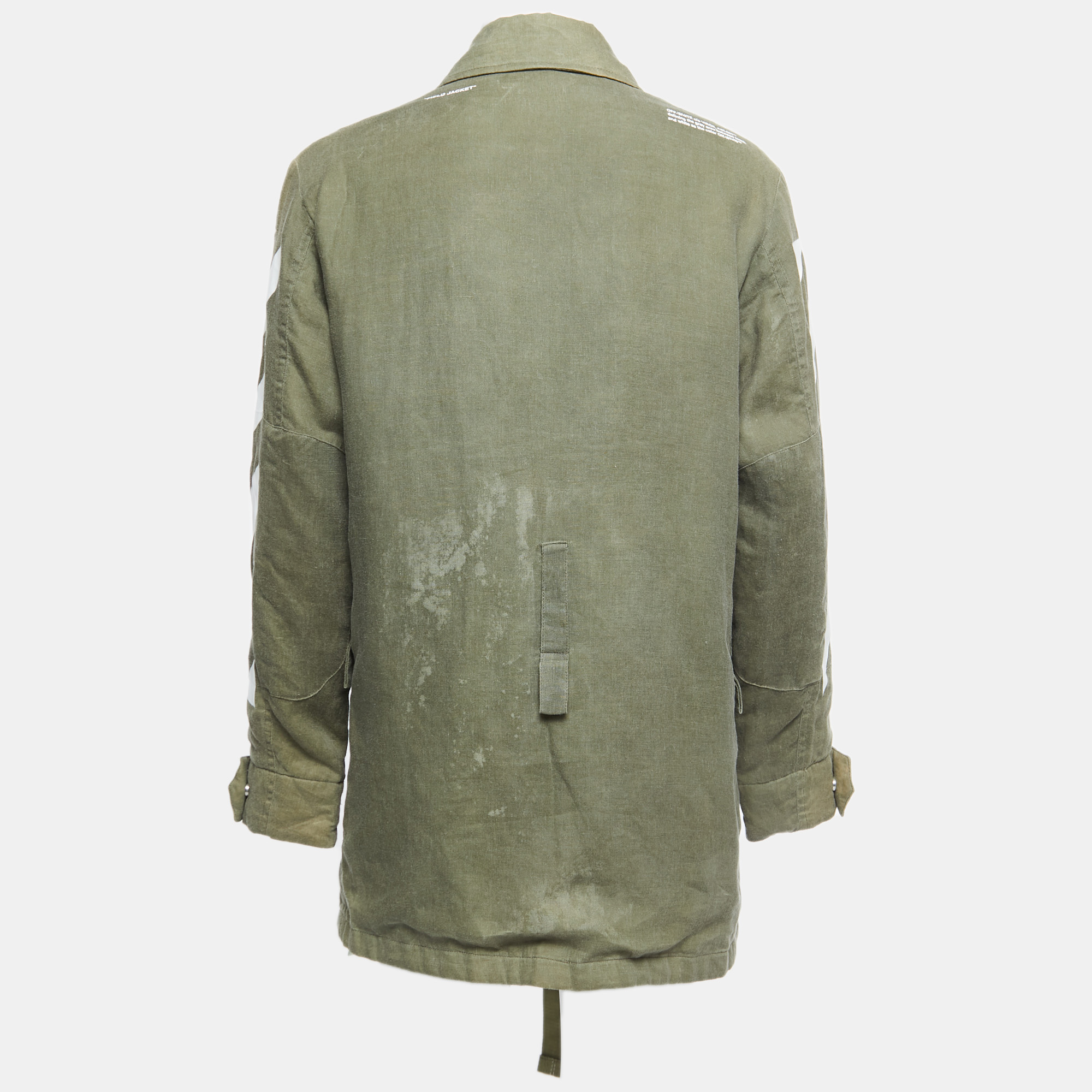 

Off-White Green Military Linen Striped Sleeve Detail Zip Front Jacket