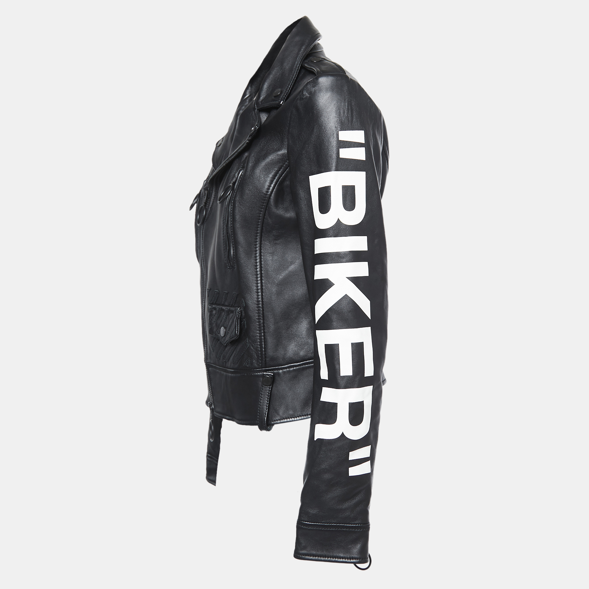 

Off-White Black Leather Printed Sleeve Zip Detail Biker Jacket