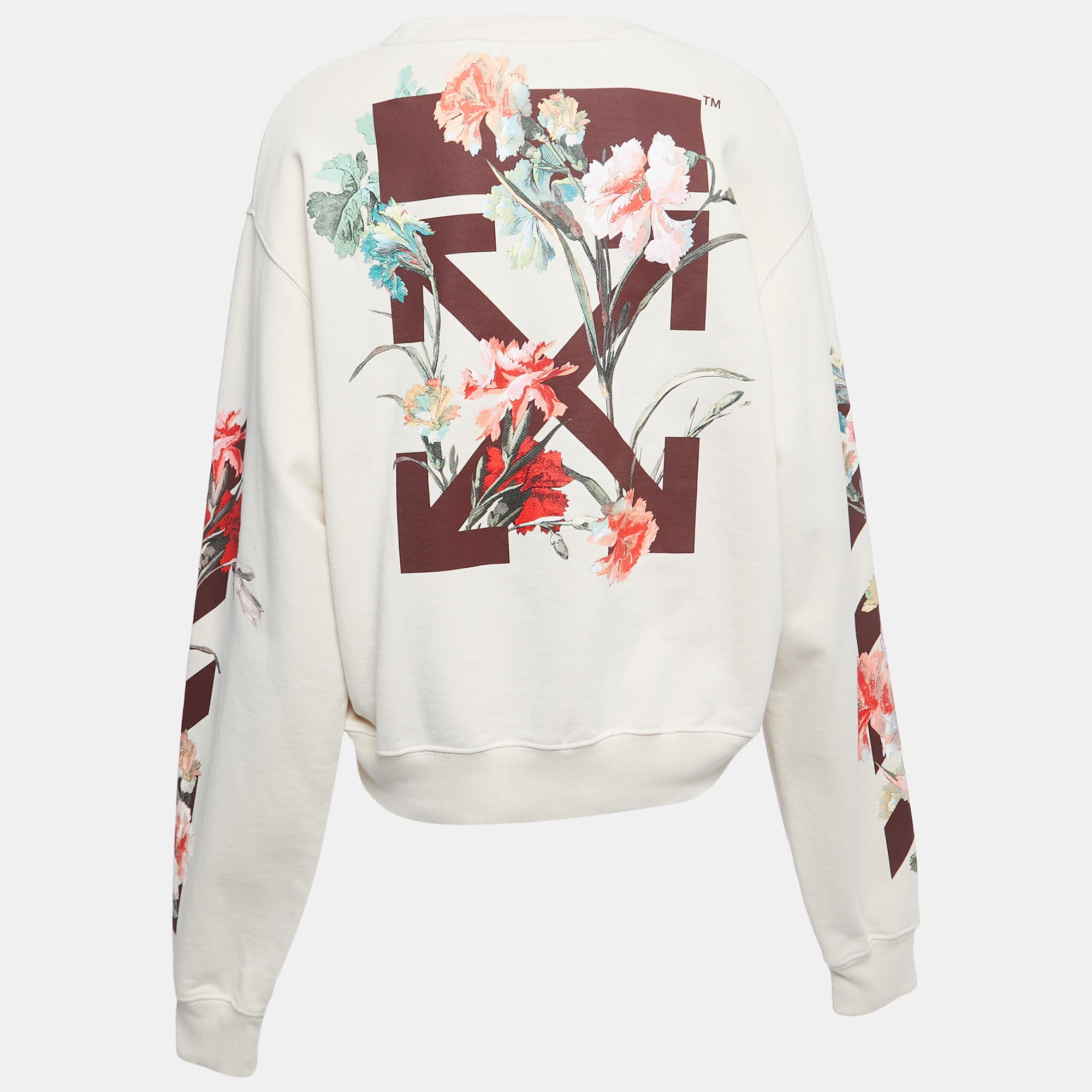 

Off-White Cream Floral Print Cotton Crew Neck Sweatshirt