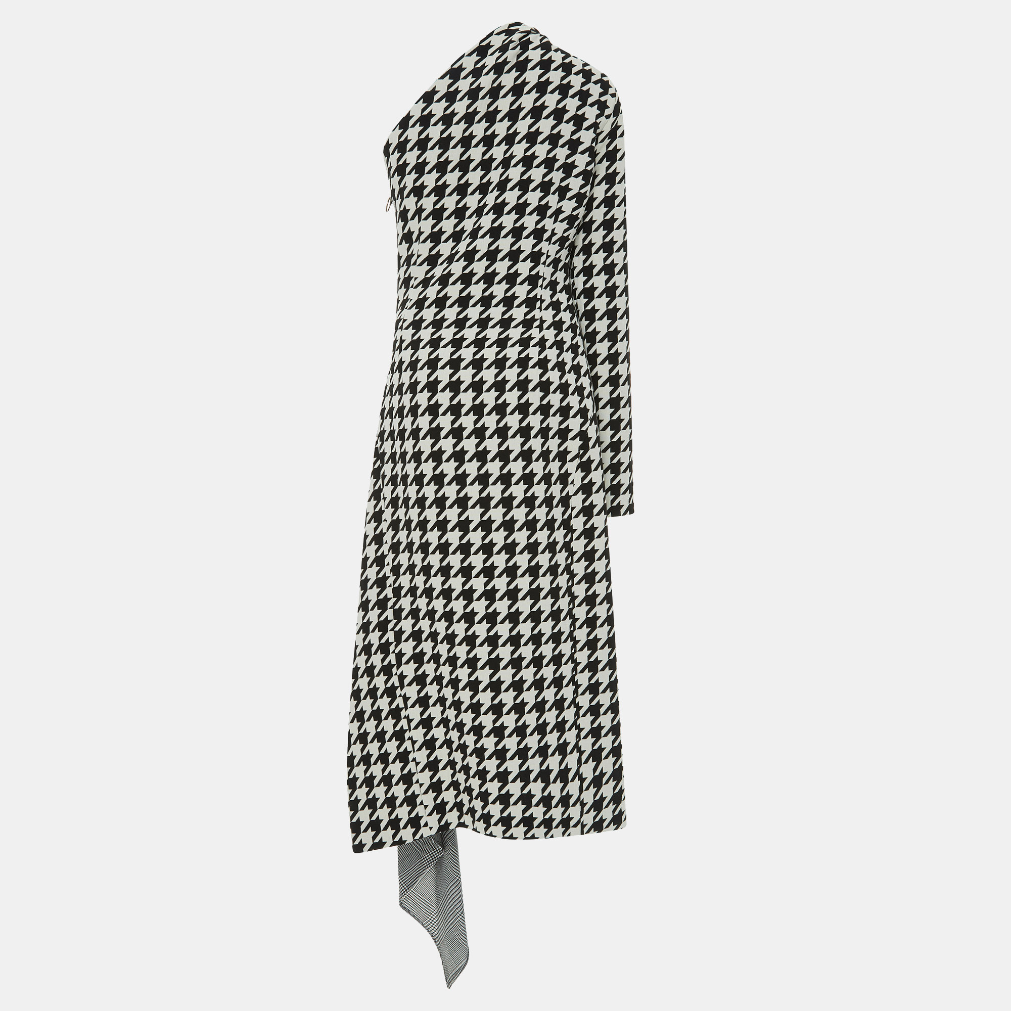 

Off-White Black & White Houndstooth Pattern Wool One Shoulder Midi Dress