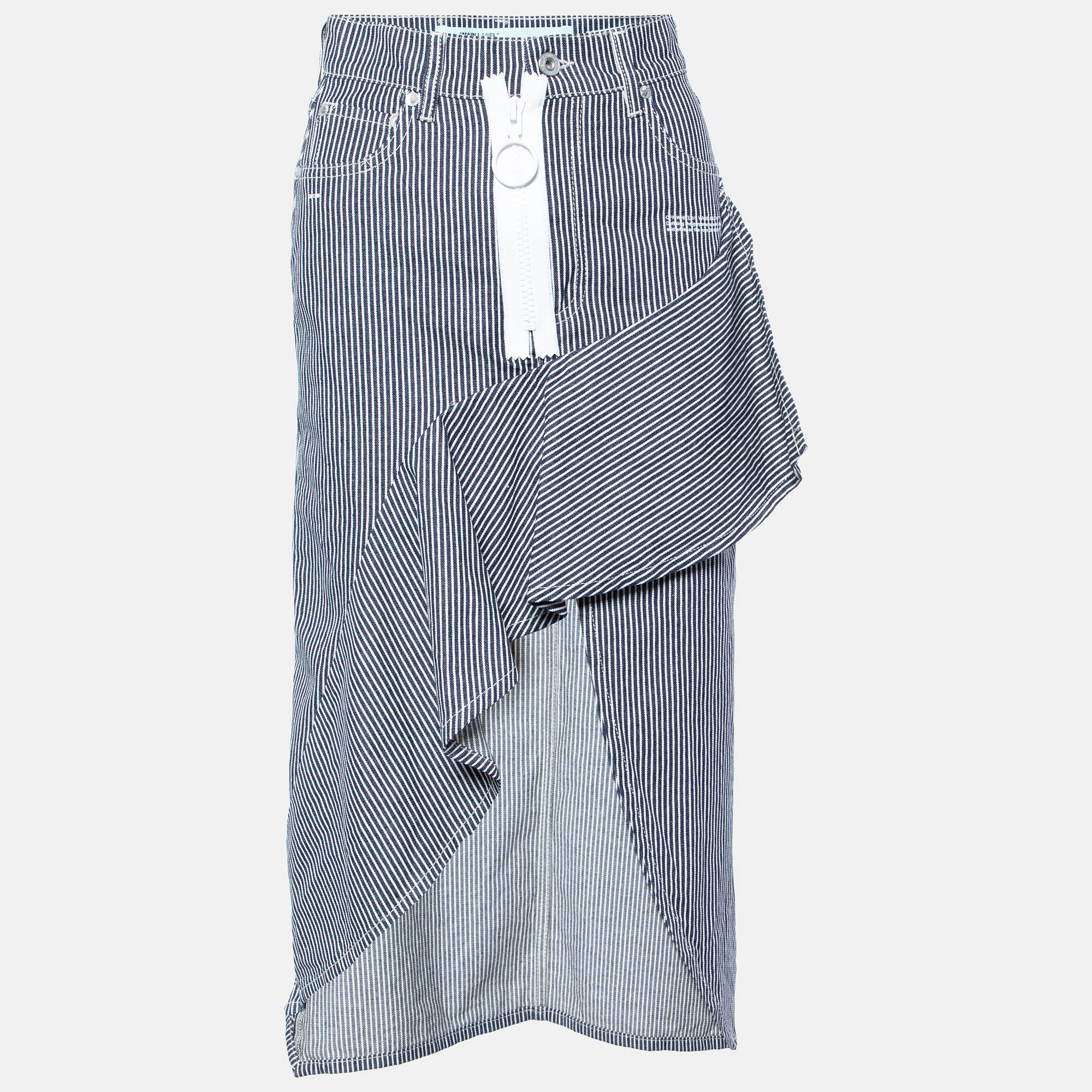 Pre-owned Off-white Navy Blue & White Striped Cotton Asymmetric Hem Skirt S