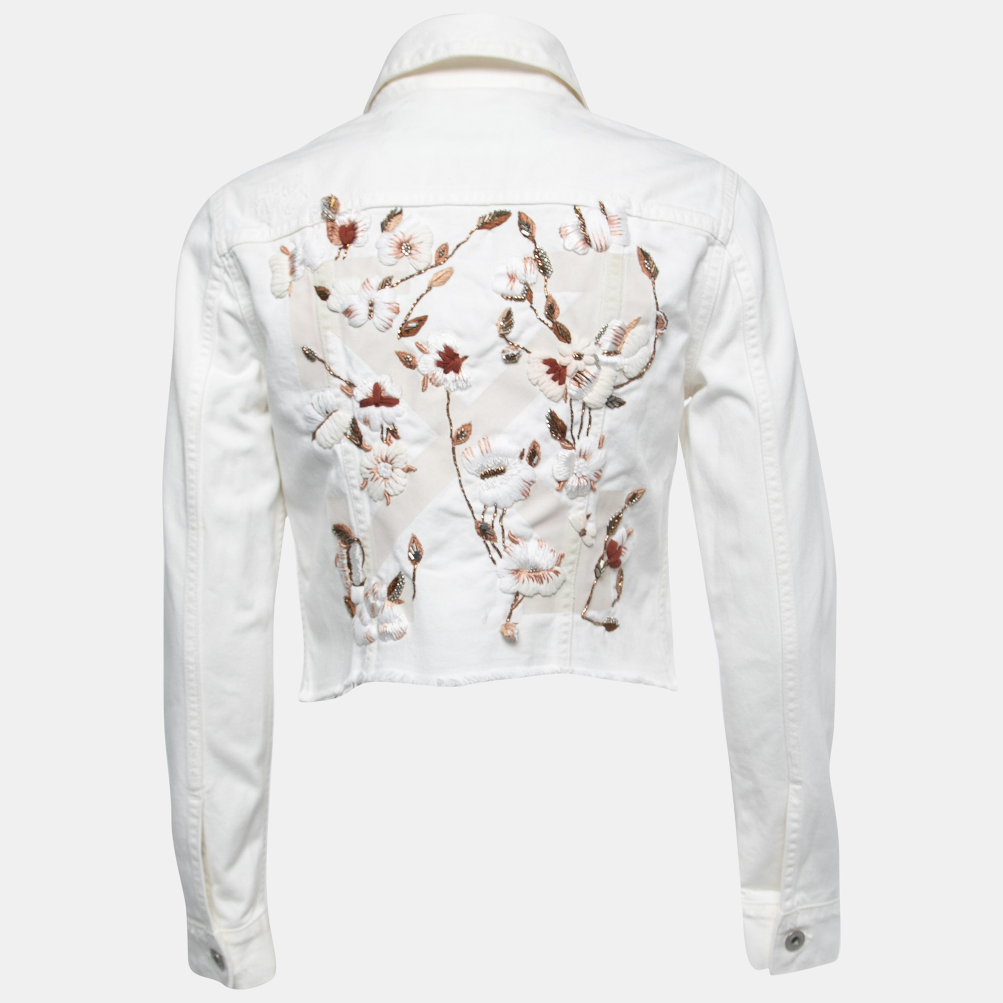 

Off-White White Embroidered Denim Button Front Cropped Jacket