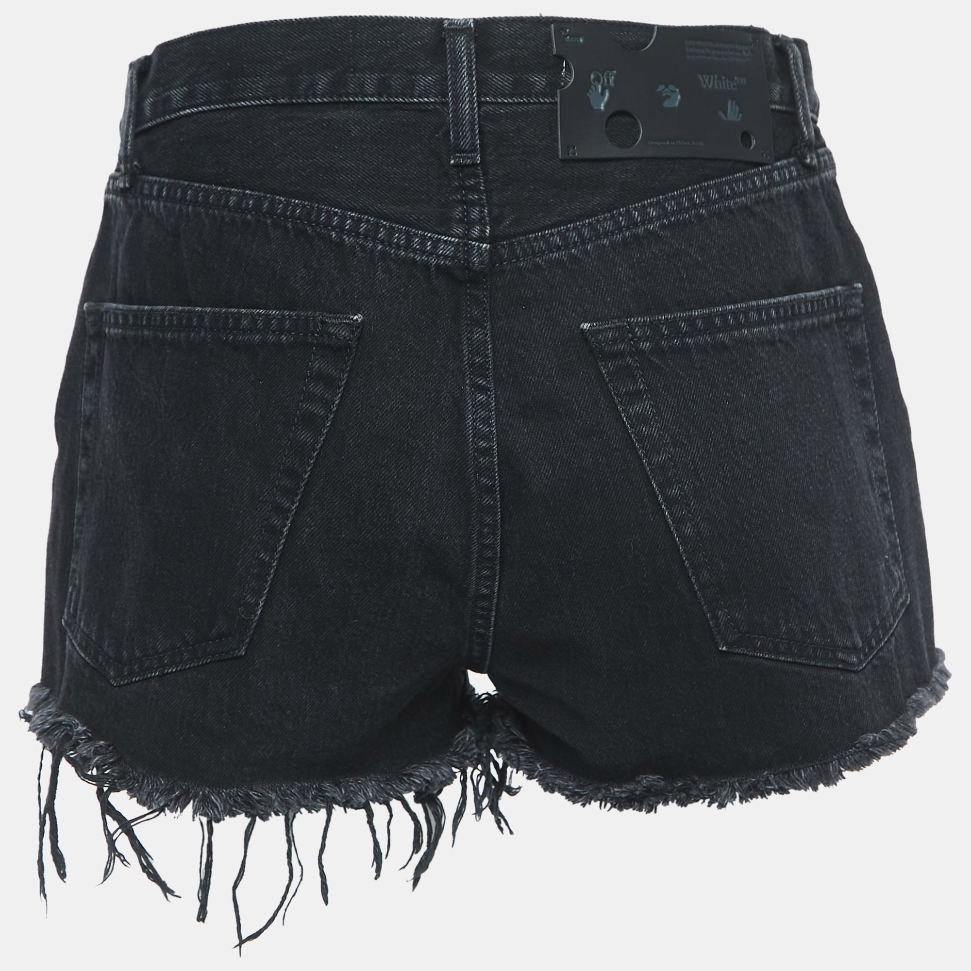 

Off-White Black Denim Frayed Shorts  Waist 26