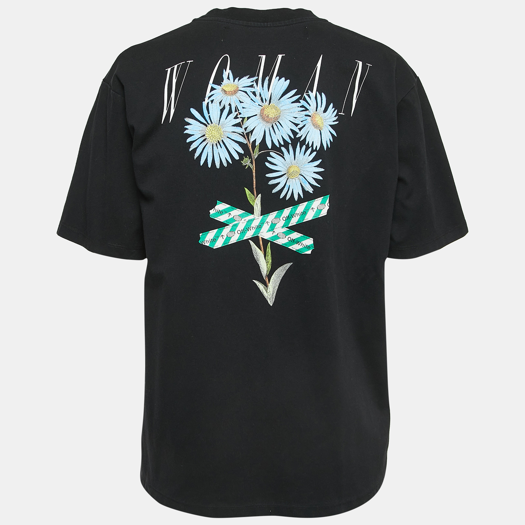 

Off-White Black Flower Tape Print Cotton Half Sleeve T-Shirt