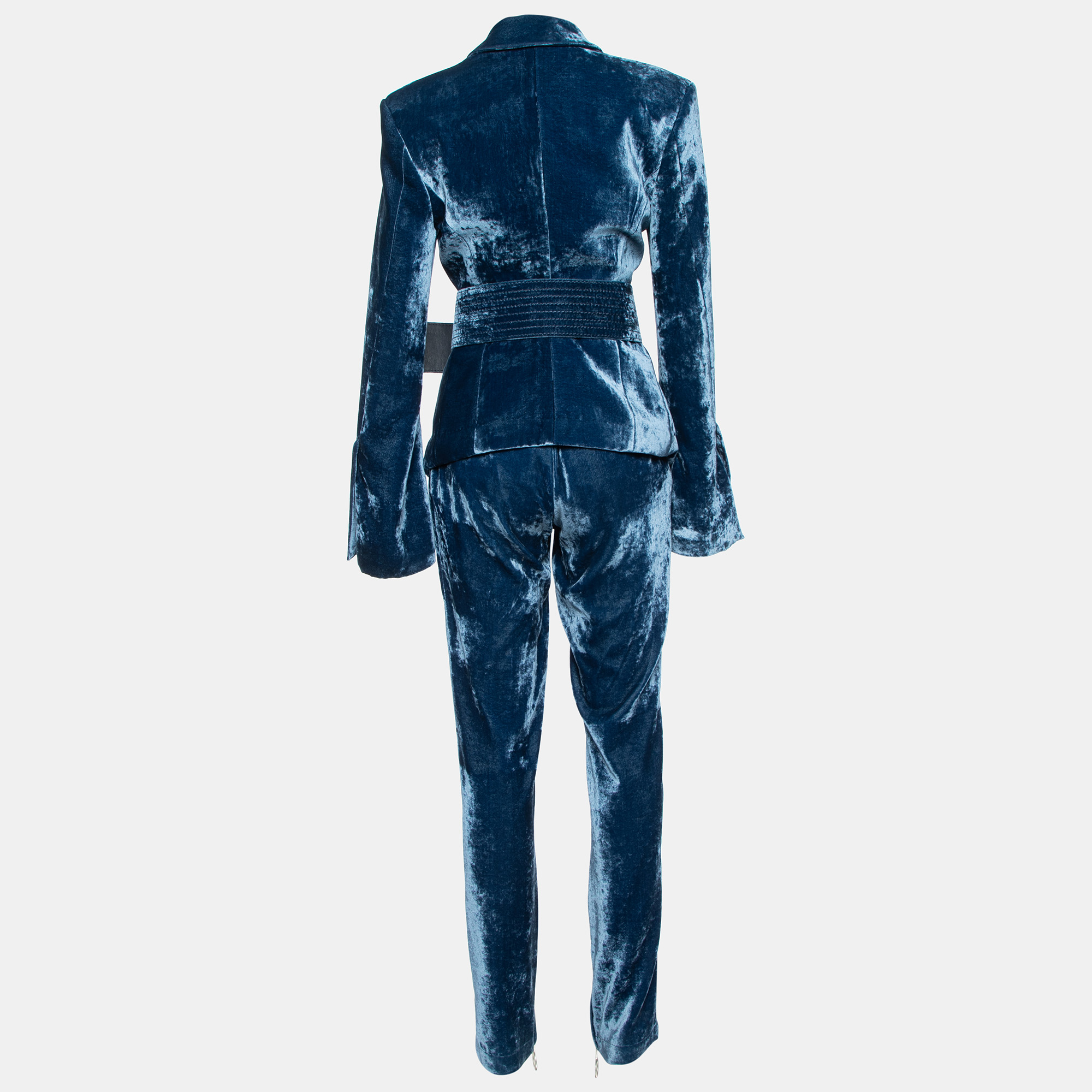 

Off-White Navy Blue Velvet Belted Blazer & Pants Set