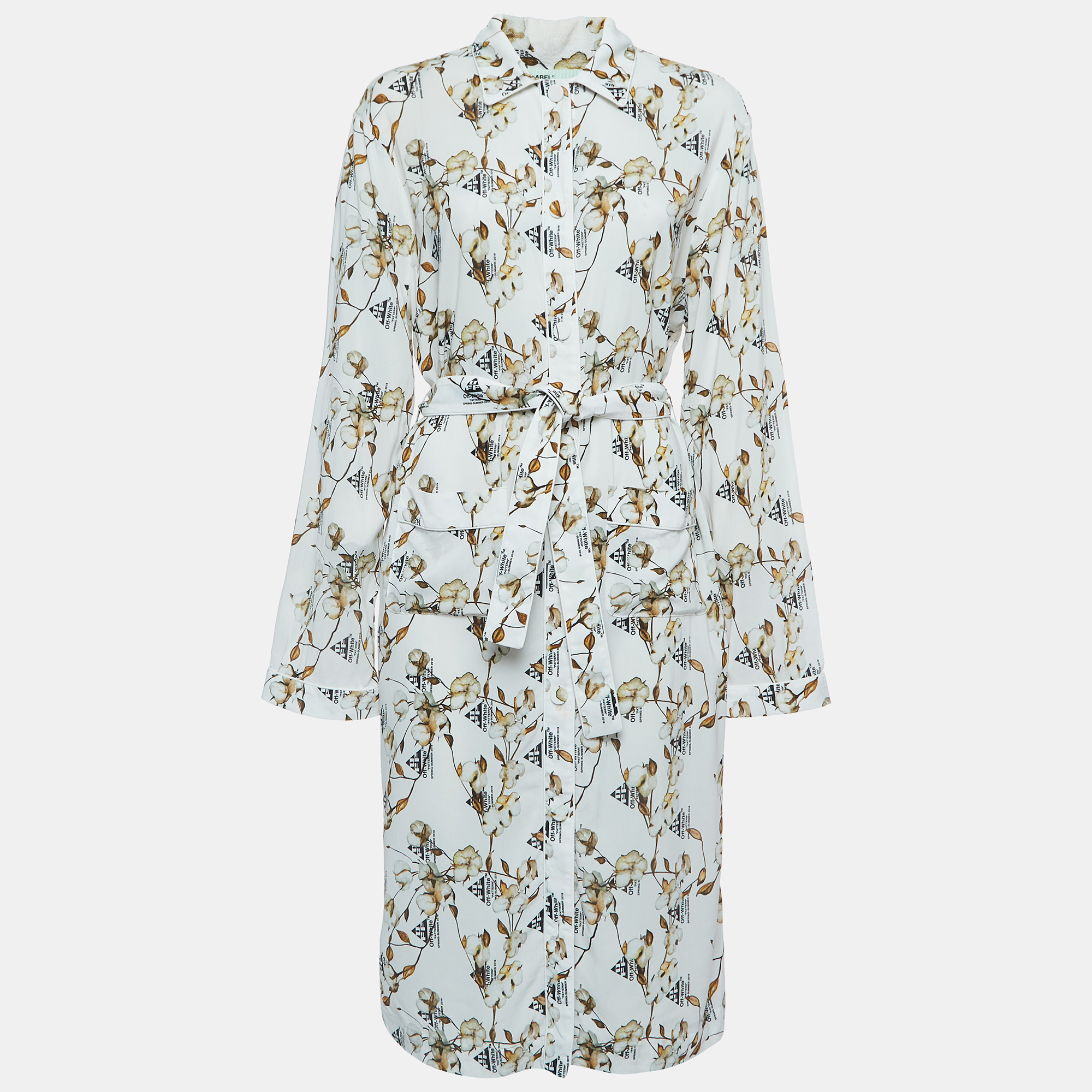 Pre-owned Off-white White Floral Logo Print Crepe Belted Midi Shirt Dress M