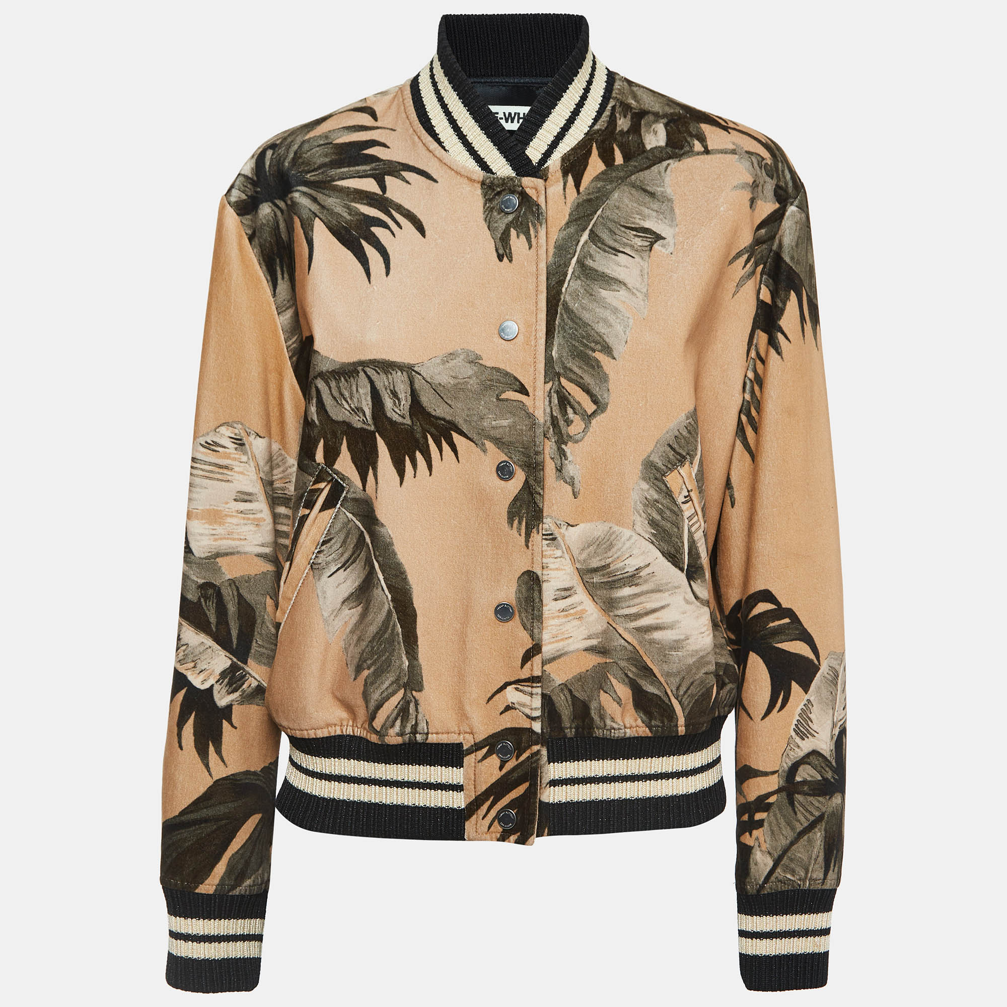 Tan Leaf Print Cotton Buttoned Bomber Jacket