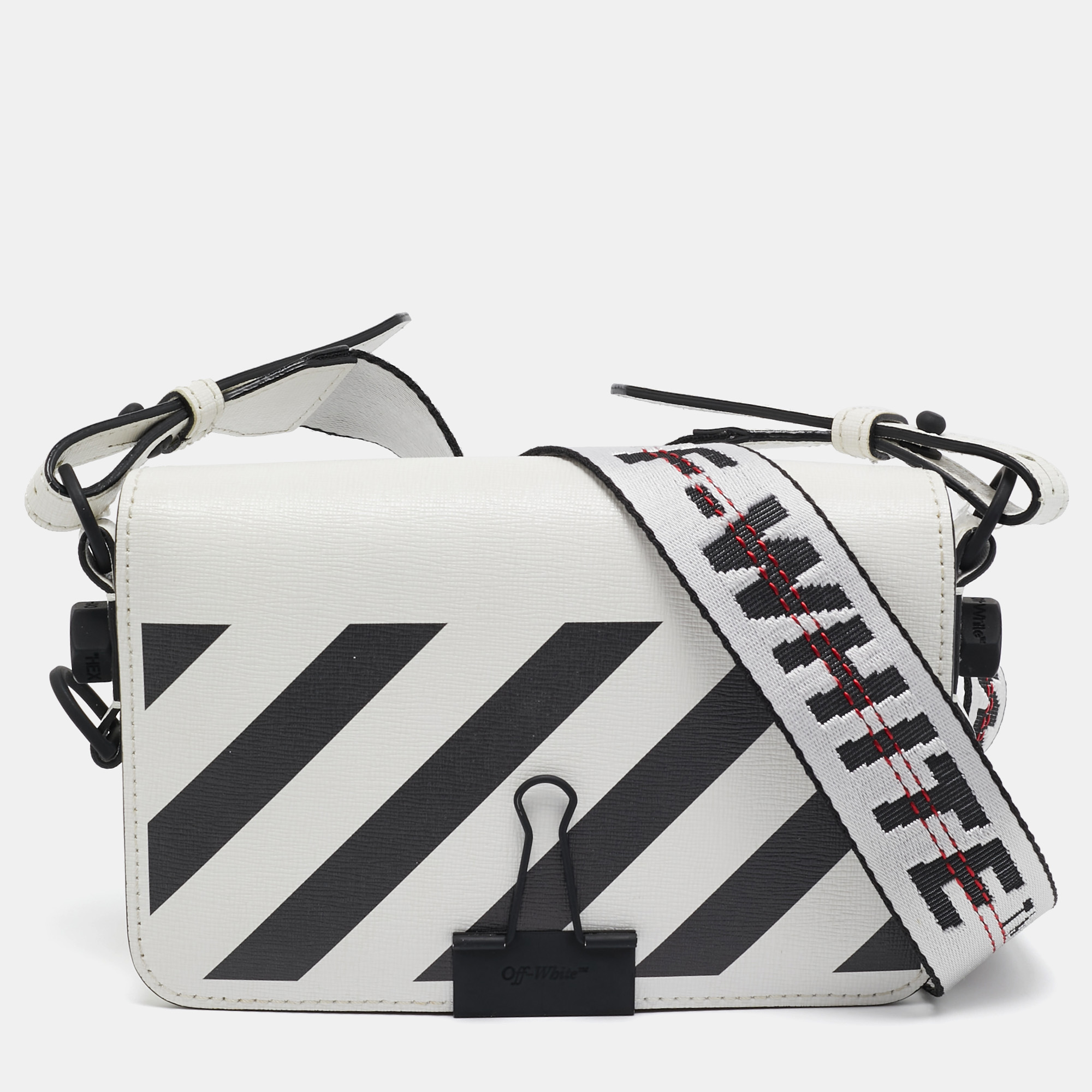 

Off-White White/Black Diagonal Print Leather Mini Binder Clip Crossbody Bag