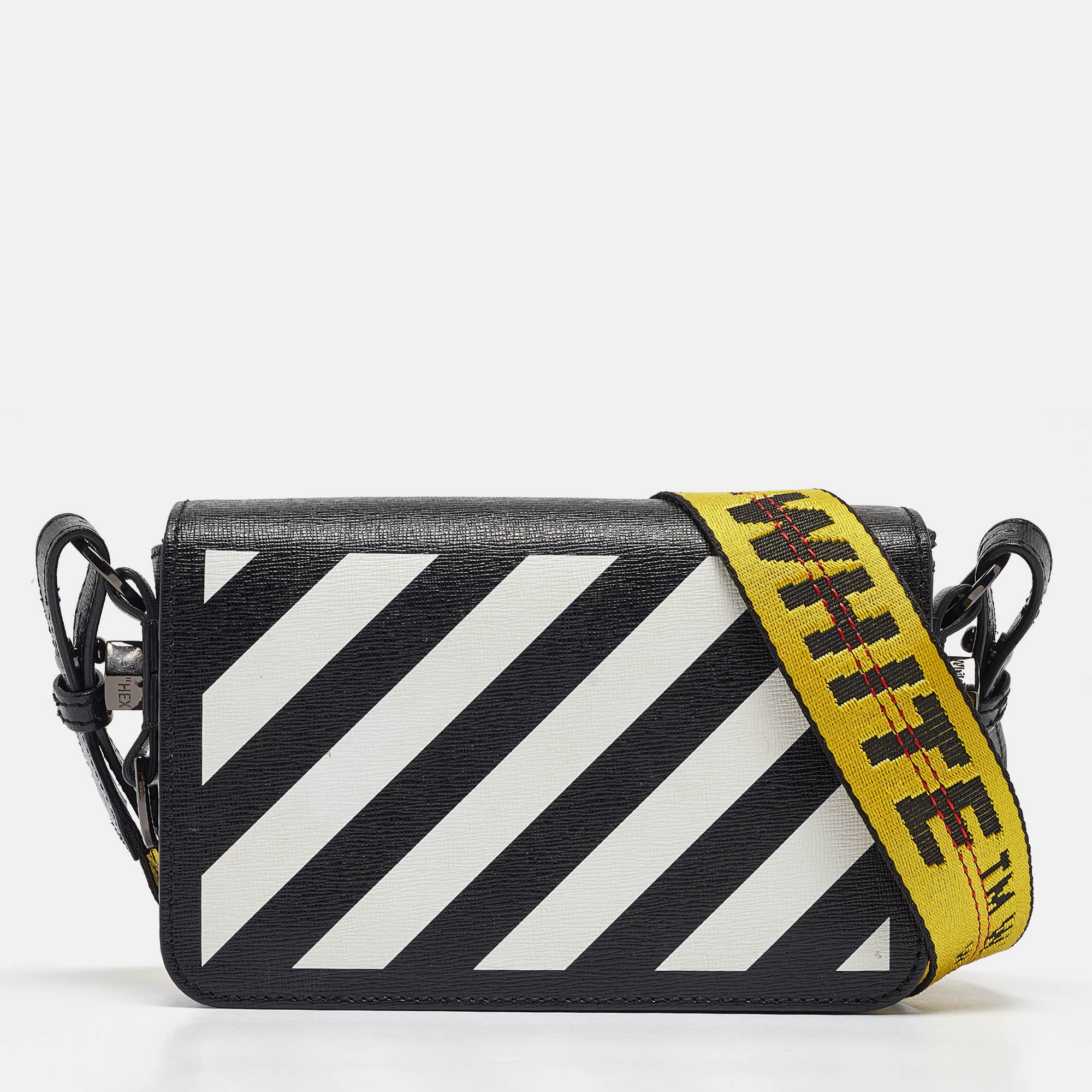 

Off-White Black/White Diagonal Print Leather Mini Binder Clip Crossbody Bag