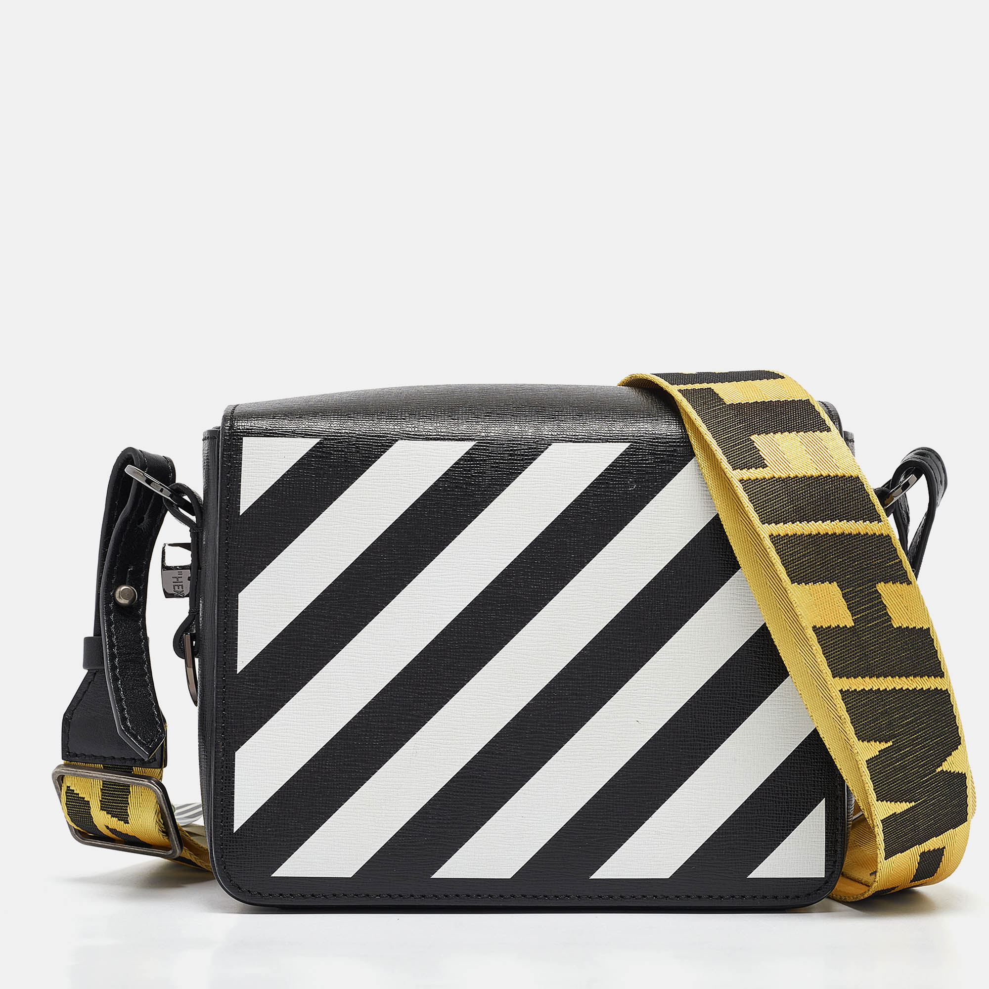 

Off-White Black/White Diagonal Print Leather Binder Clip Crossbody Bag