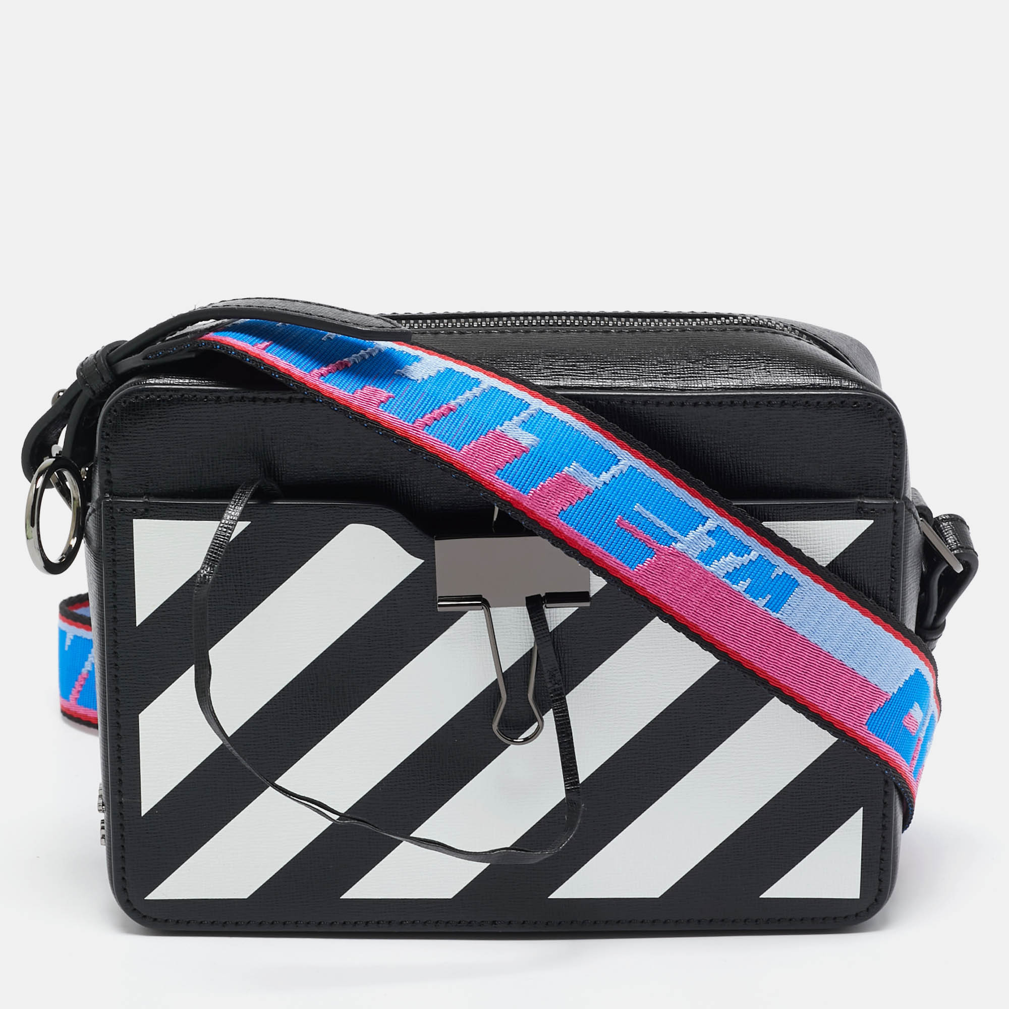 

Off-White Blue/White Diagonal Print Leather Binder Clip Camera Bag, Black