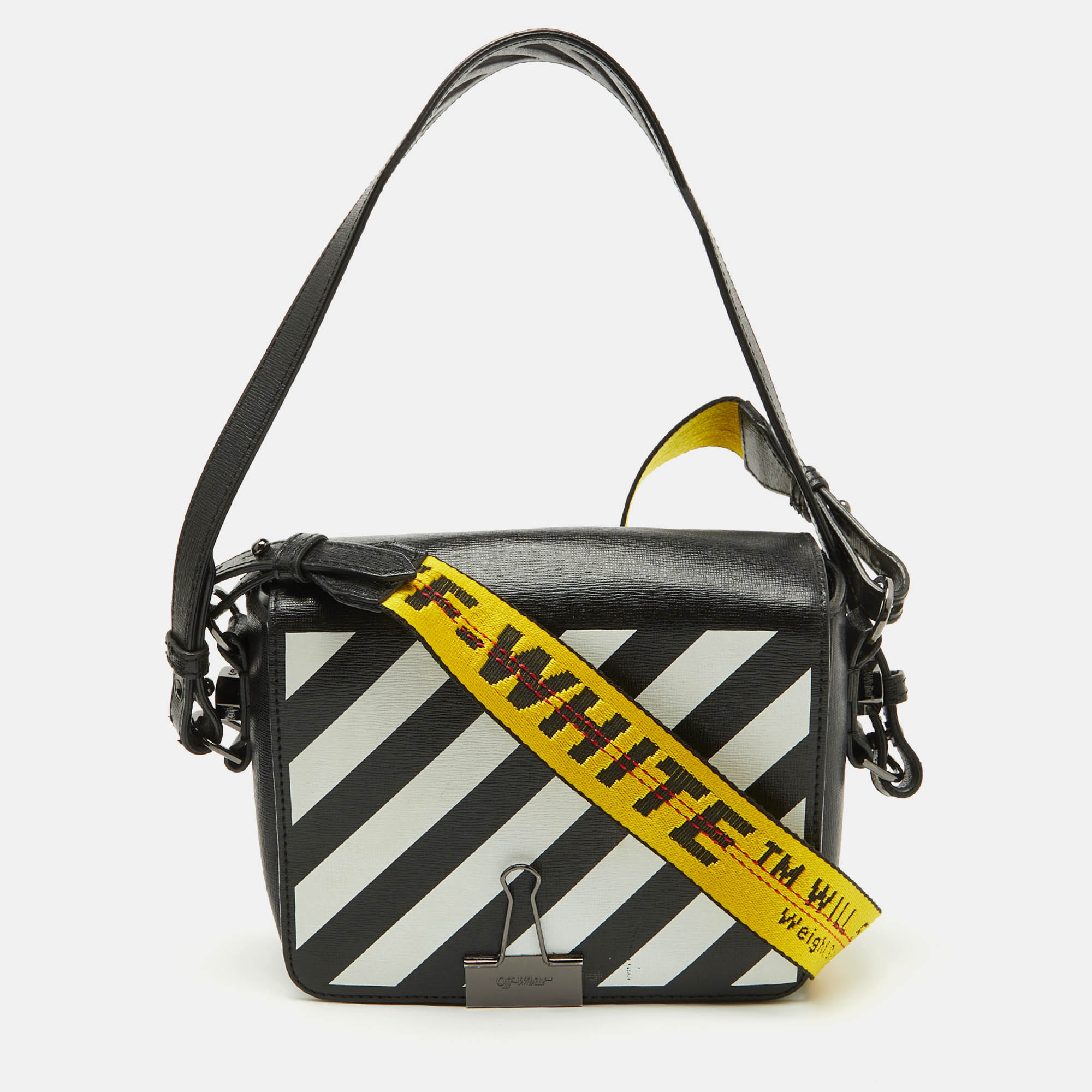 

Off-White Black/White Diagonal Print Leather Binder Clip Crossbody Bag