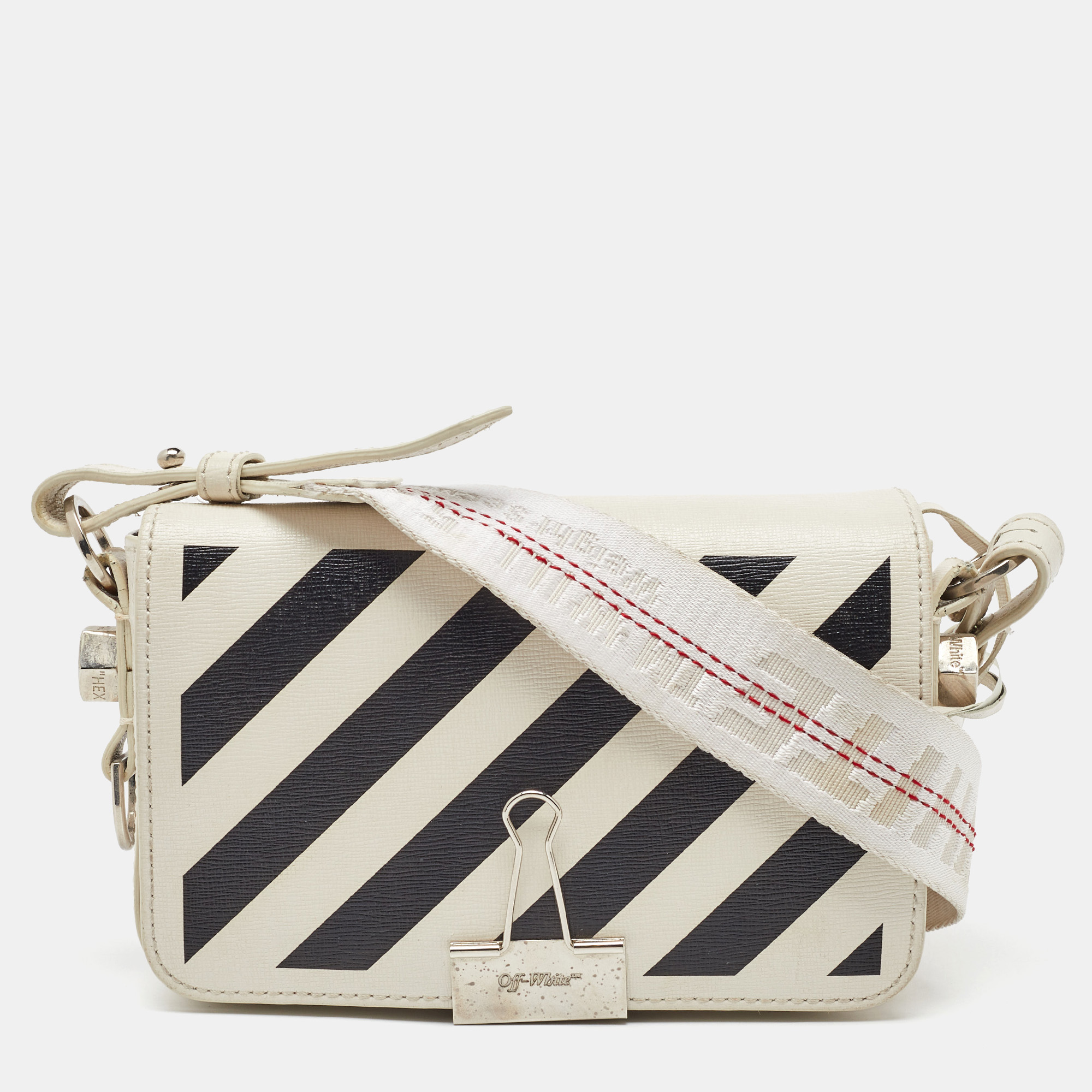 

Off-White White/Black Diagonal Print Leather Mini Binder Clip Crossbody Bag