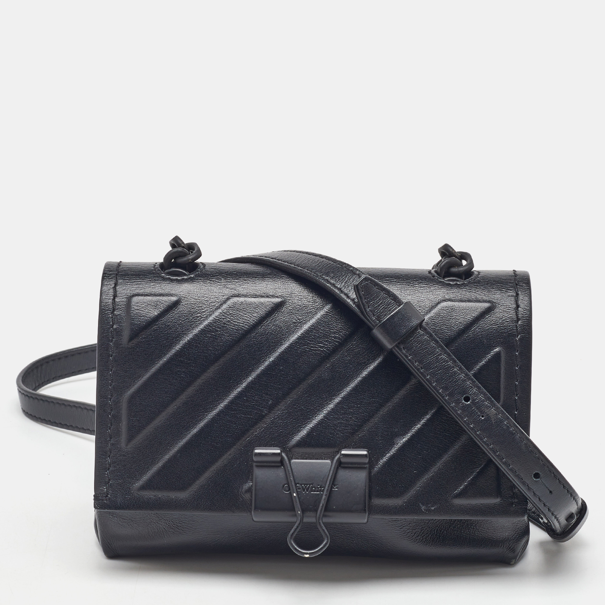 

Off-White Black Leather Binder Clip Flap Shoulder Bag