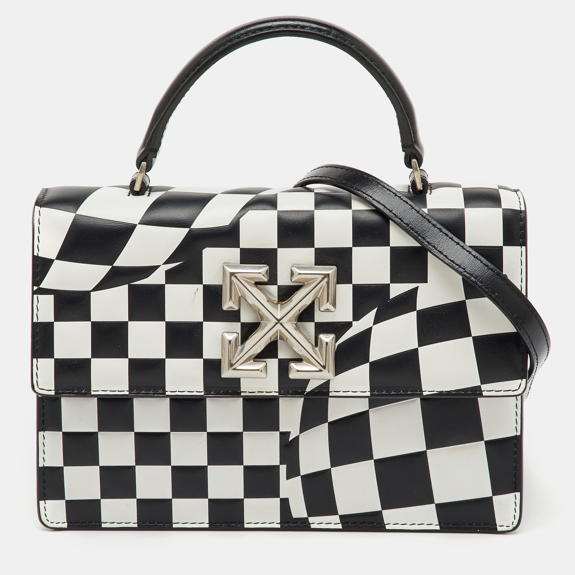 Off-White Black/White Check Printed Leather Jitney Top Handle Bag