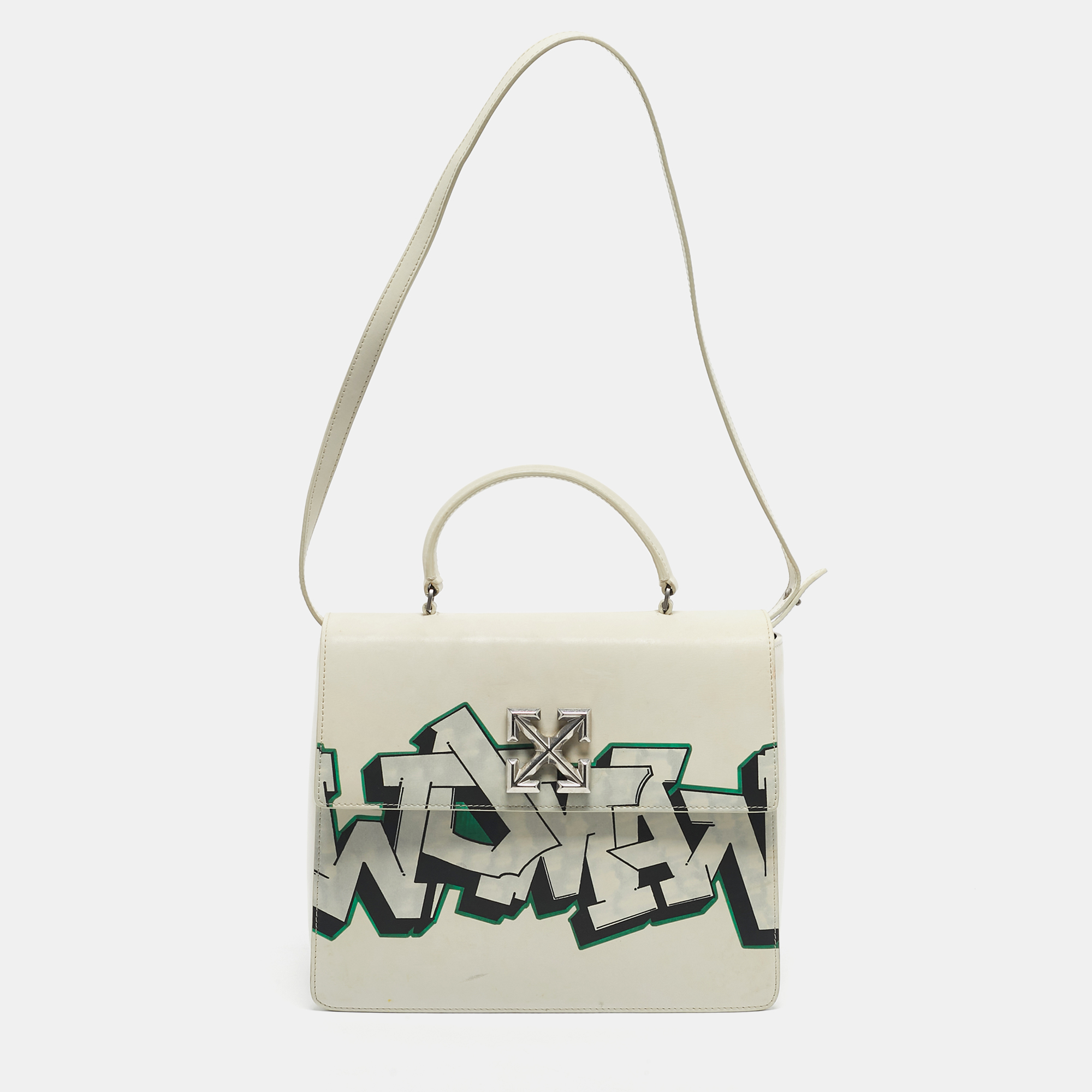 Pre-owned Off-white White Leather Graffiti 4.3 Jitney Top Handle Bag
