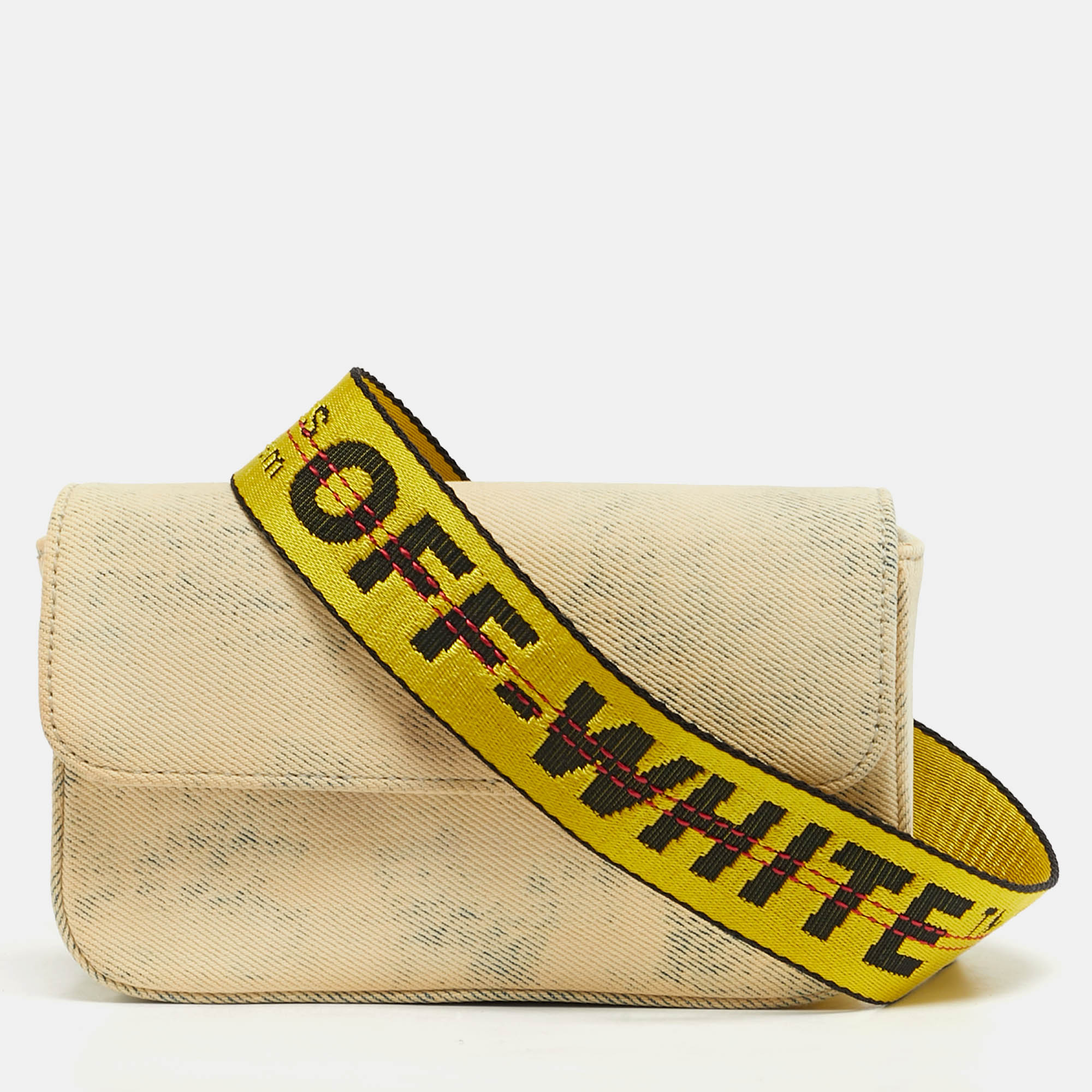 Pre-owned Off-white Cream/yellow Denim Flap Crossbody Bag In White