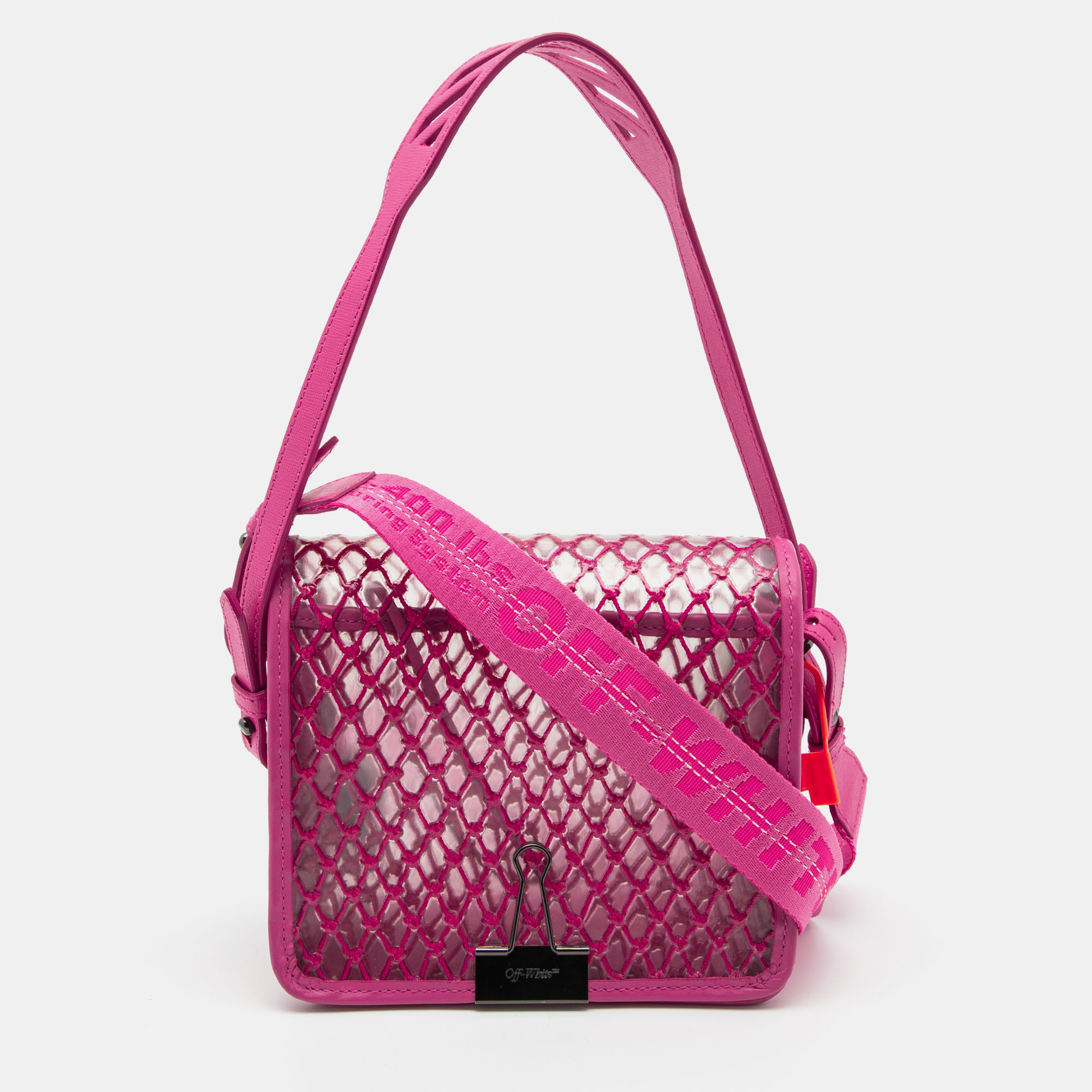 Pre Owned Off-White Transparent/Pink PVC and Leather Binder Clip Flap Shoulder Bag