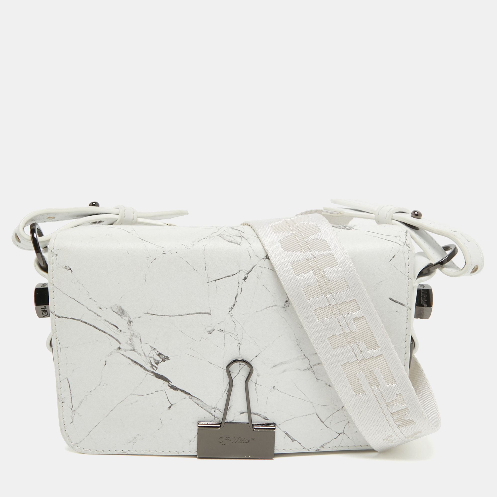 

Off-White White Marble Leather Binder Clip Crossbody Bag