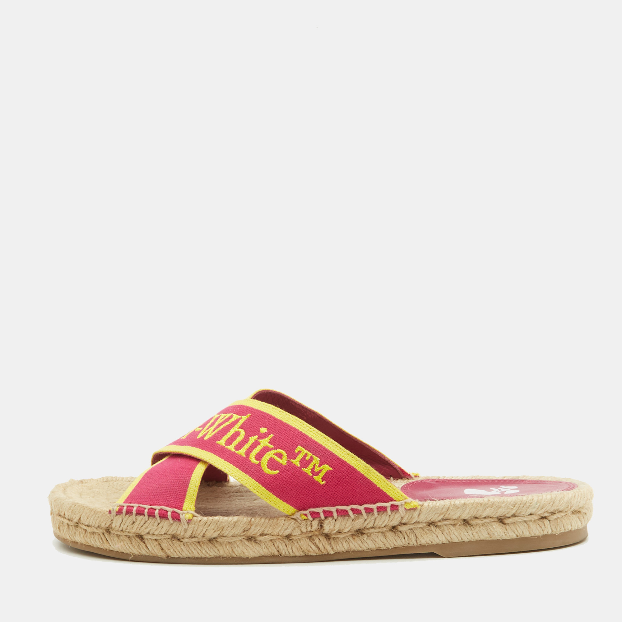 

Off-White Pink/Yellow Canvas Crisscross Flat Slides Size