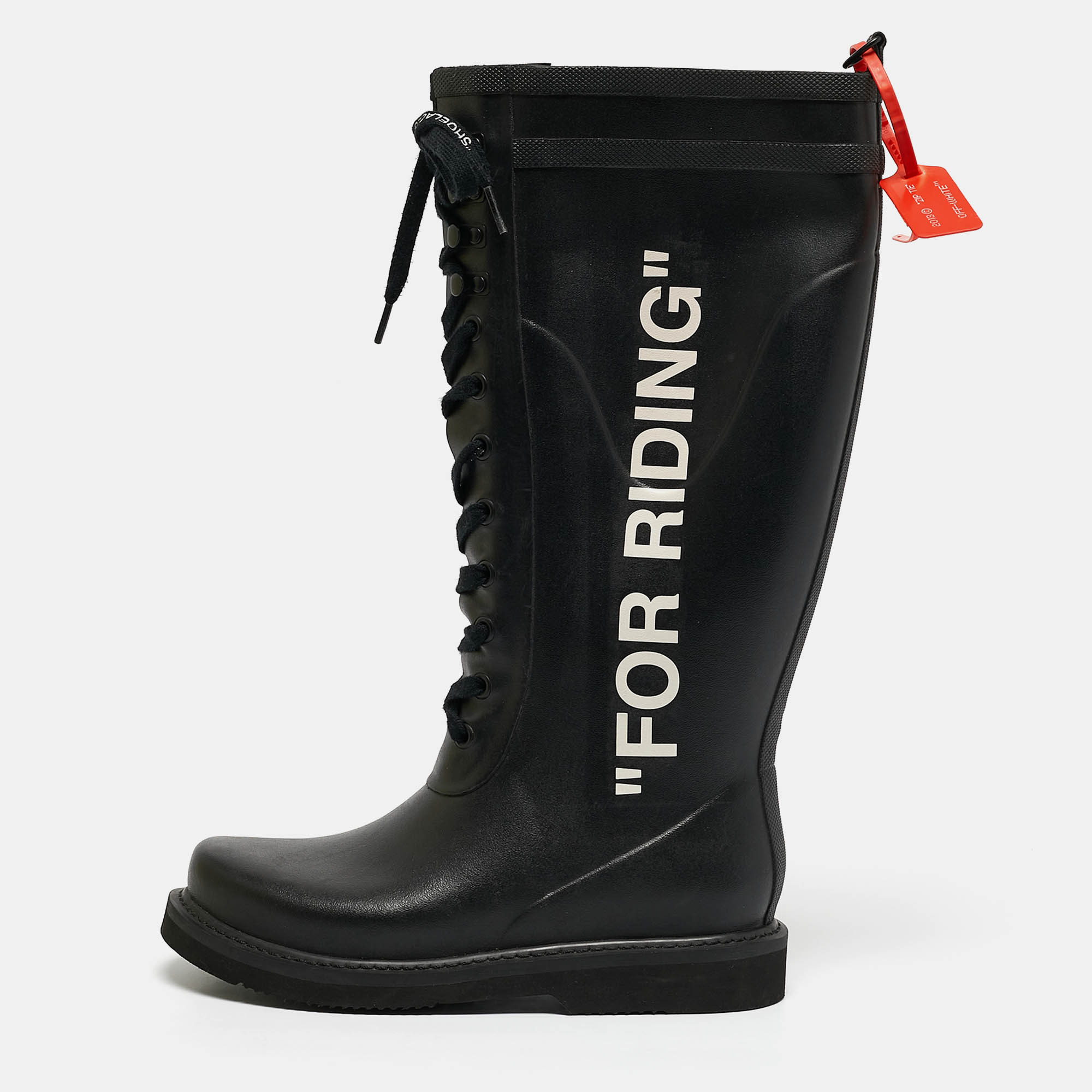 

Off-White Black Rubber Quote-Motif Riding Boots Size