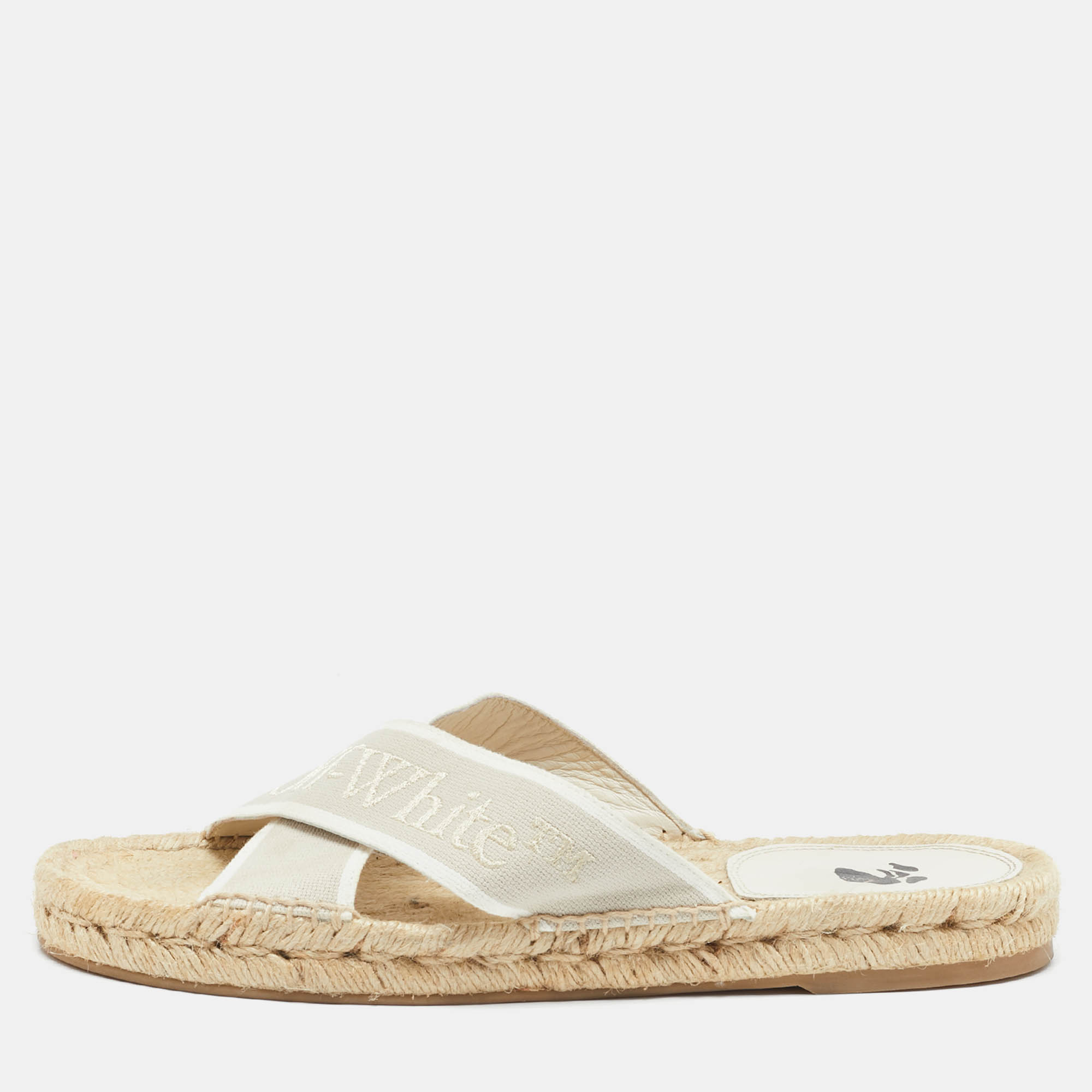 

Off-White Beige Logo Embroidered Canvas Crisscross Flat Espadrille Slides Size