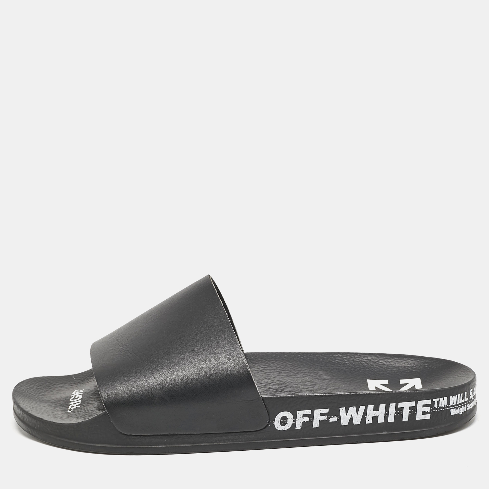 

Off-White Black Leather Industrial Flat Slide Sandals Size