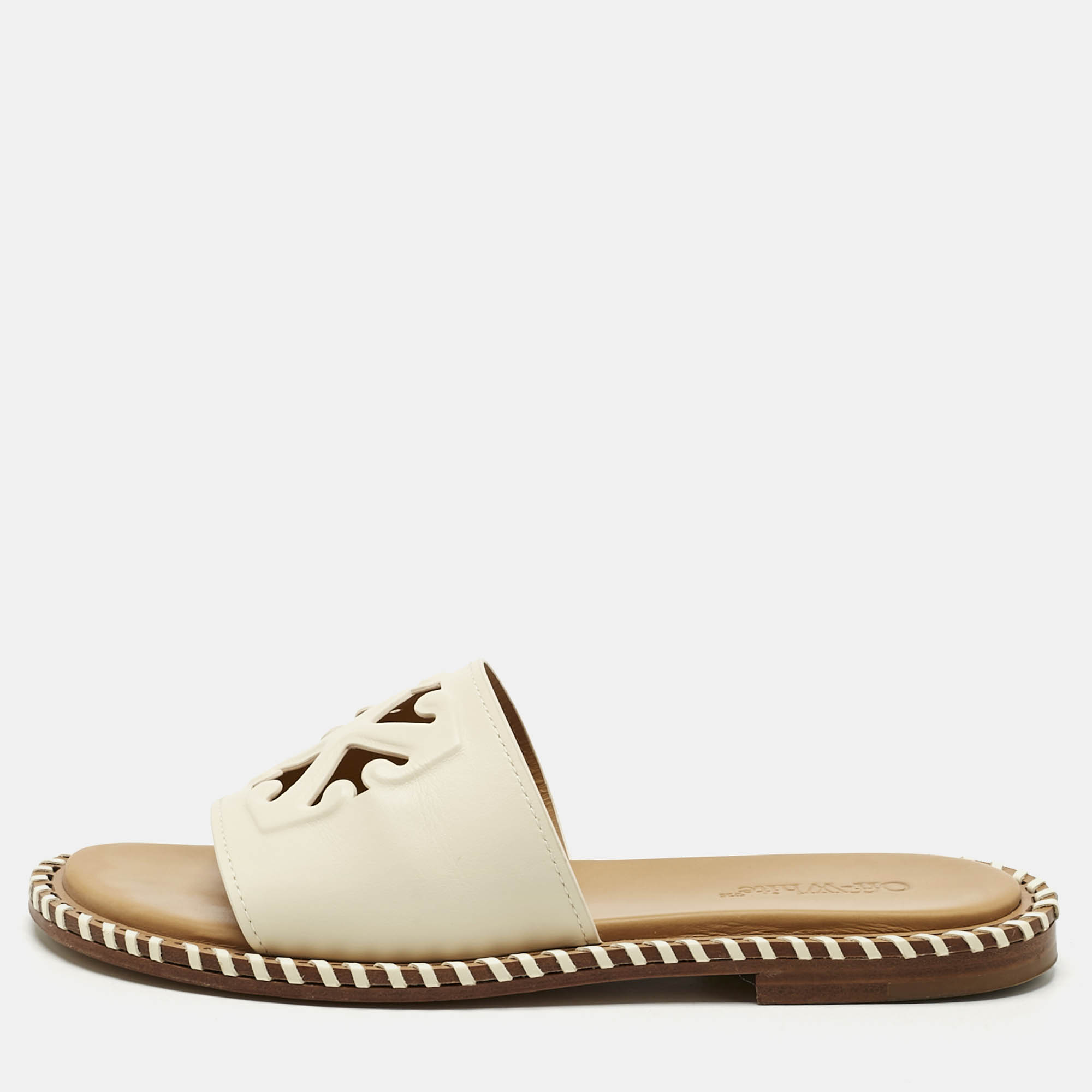 Pre-owned Off-white Cream Leather Twist Arrow Flat Slides Size 38