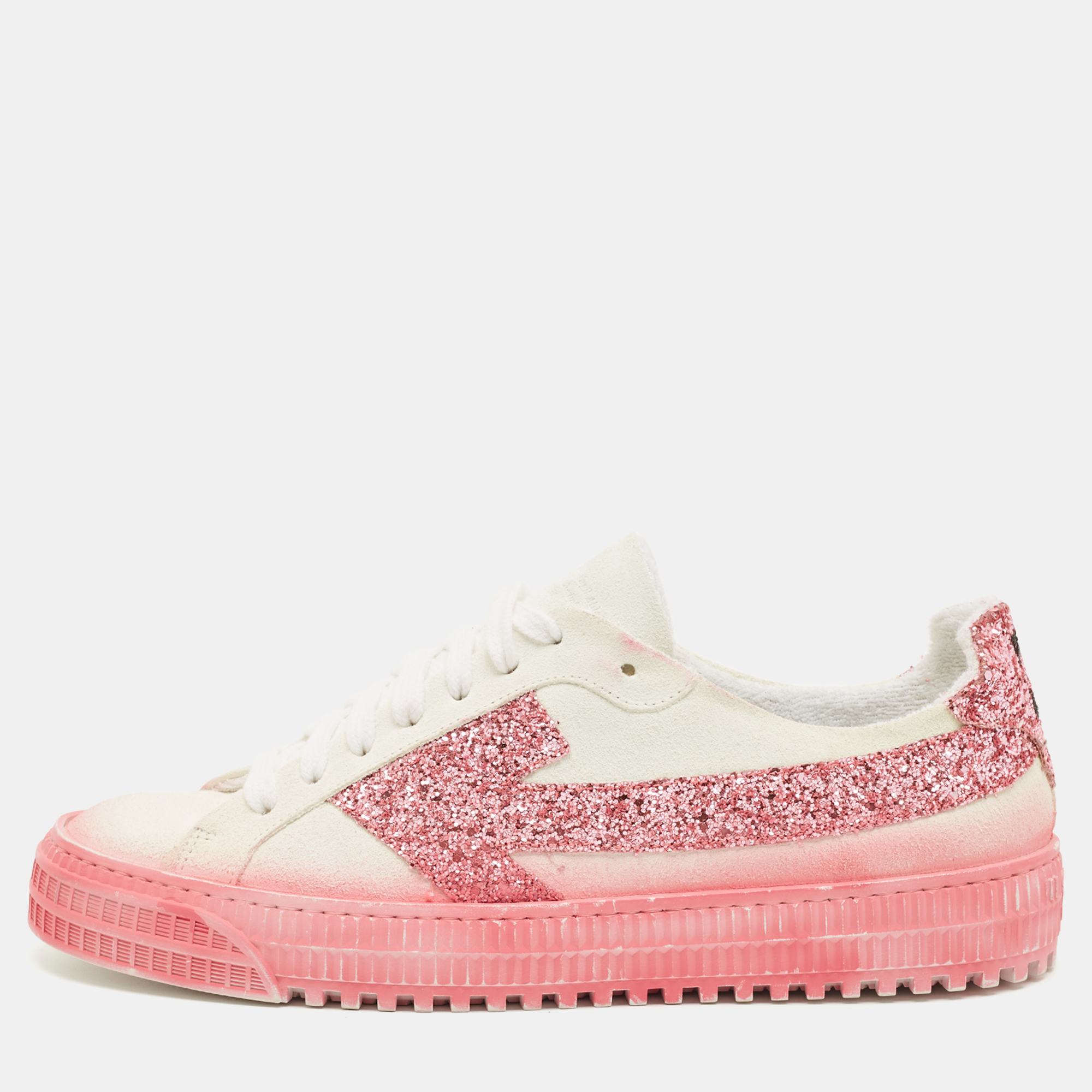 

Off-White White/Pink Suede and Glitter Vulcanized Sneakers Size