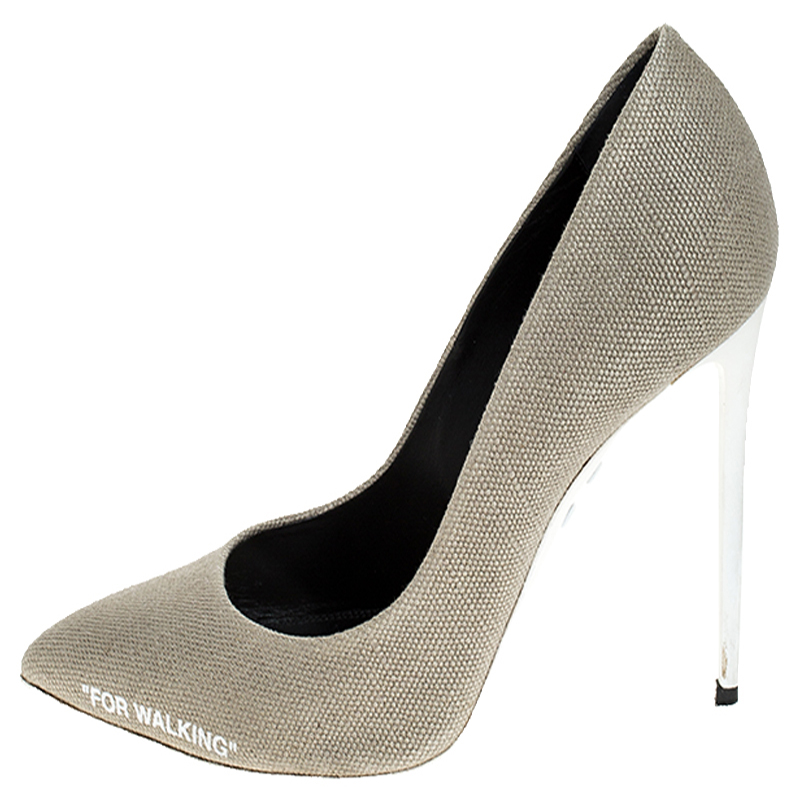 

Off-White Beige Canvas Pointed Toe Pumps Size