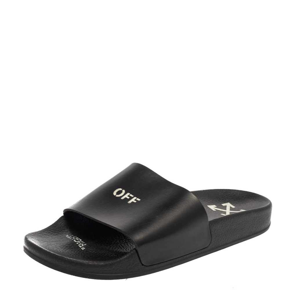Off-White Black Leather Off Stamp Slide Sandals Size 39