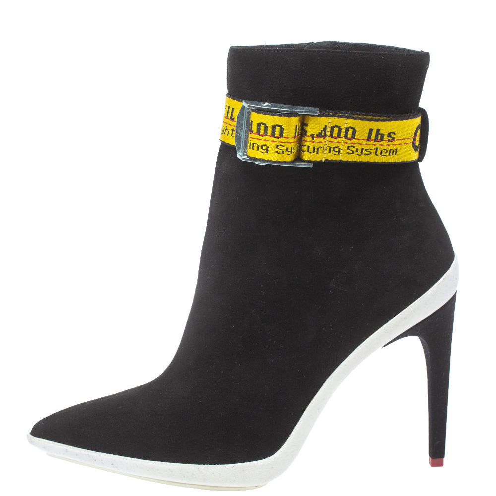 

Off White Black Suede Pointed Toe Ankle Booties Size