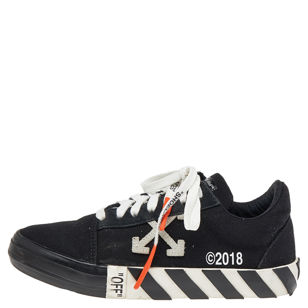 

Off-White Black/White Canvas and Suede Vulcanized Striped Low Top Sneakers Size