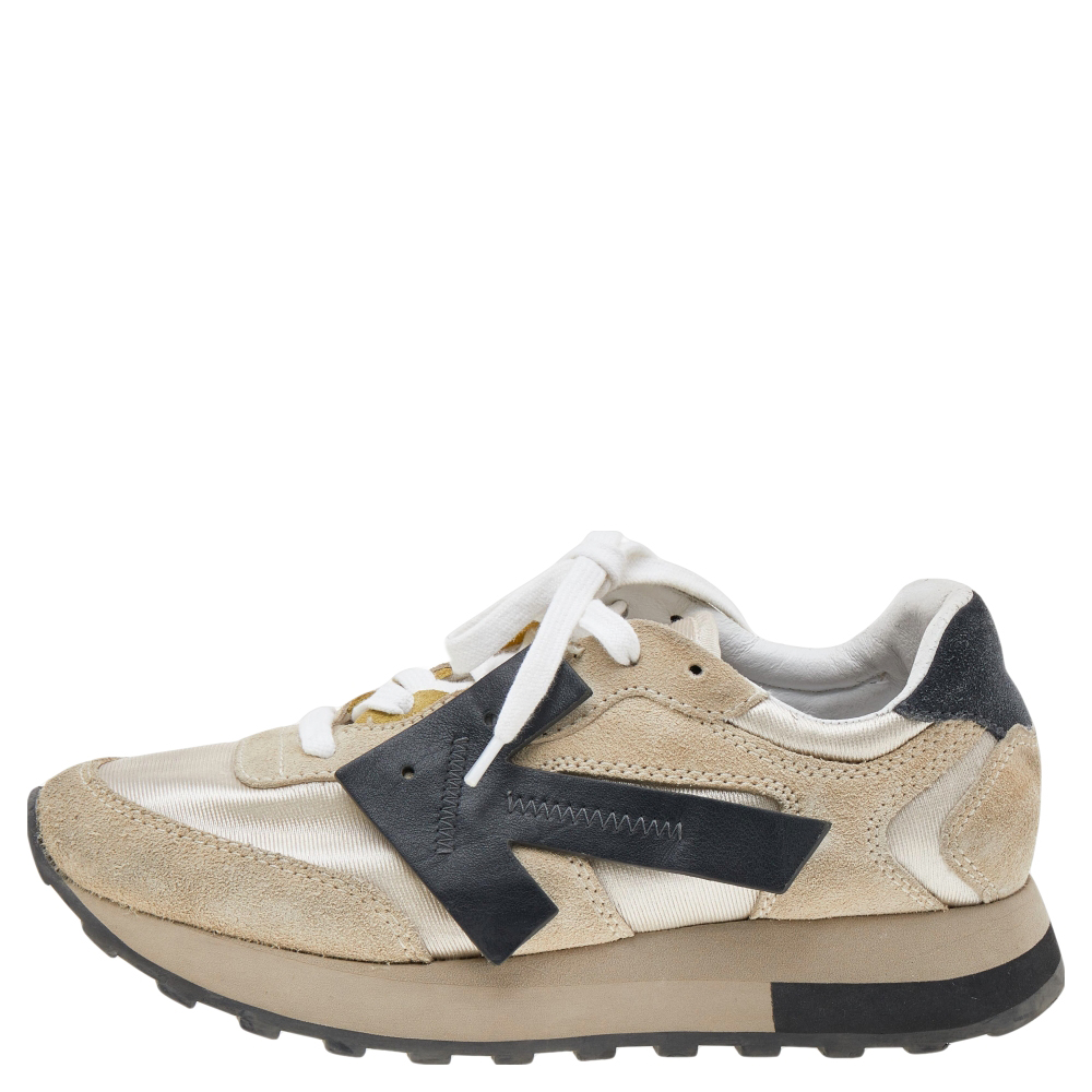 

Off-White Beige/Black Fabric And Suede Arrow Running Low Top Sneakers Size