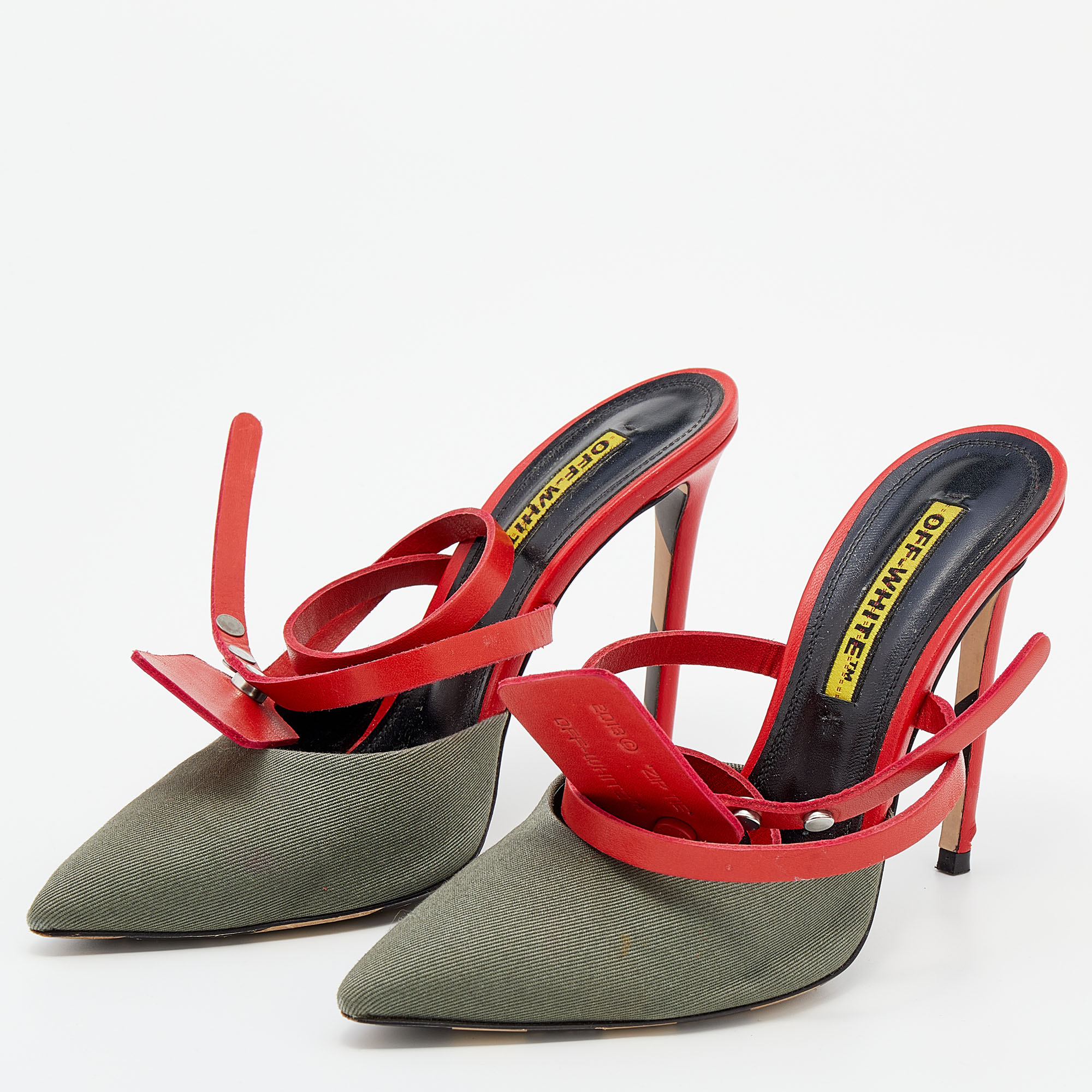 

Off-White Green/Red Denim and Leather Zip Tie Ankle Strap Sandals Size