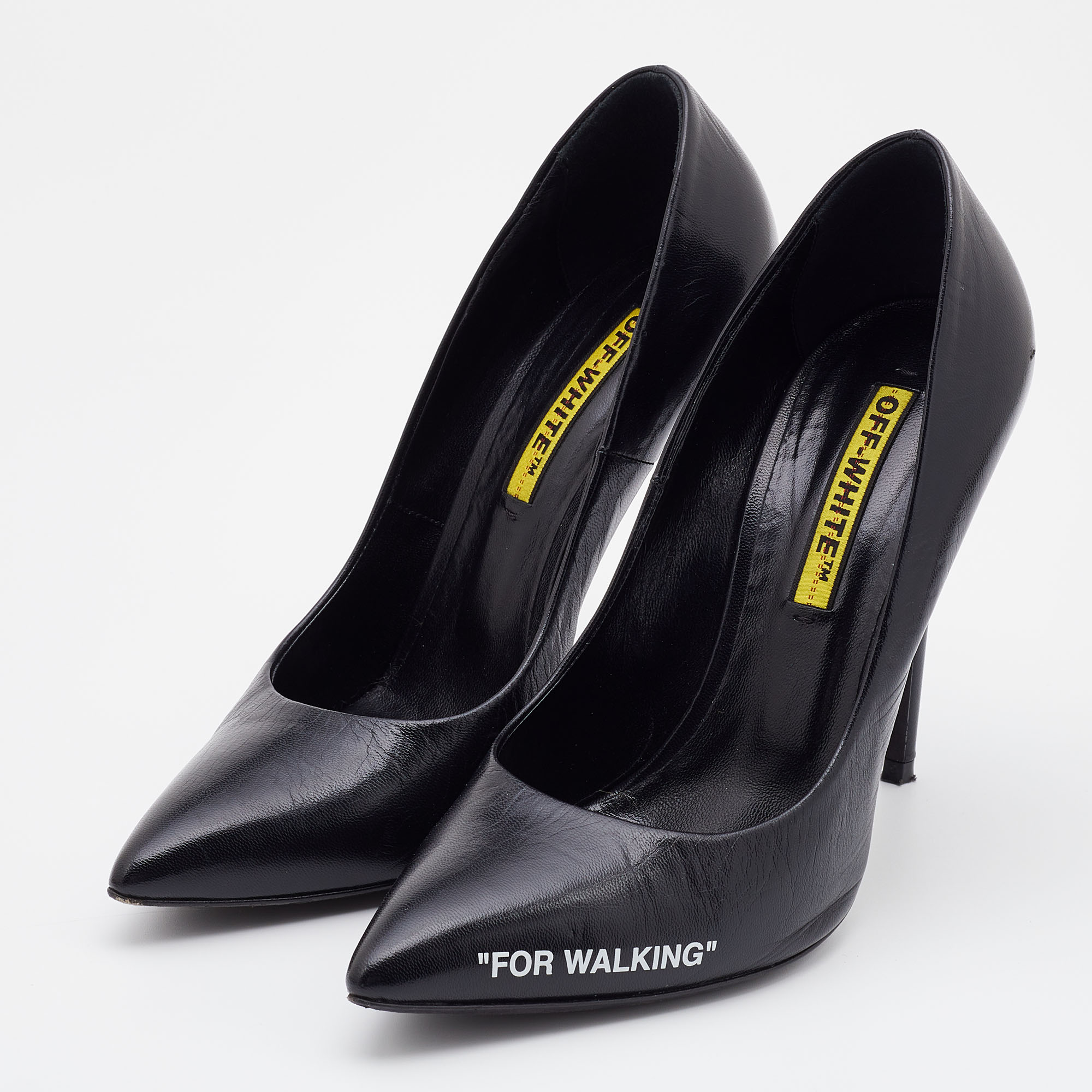 

Off-White Black Leather For Walking Pointed Toe Pumps Size