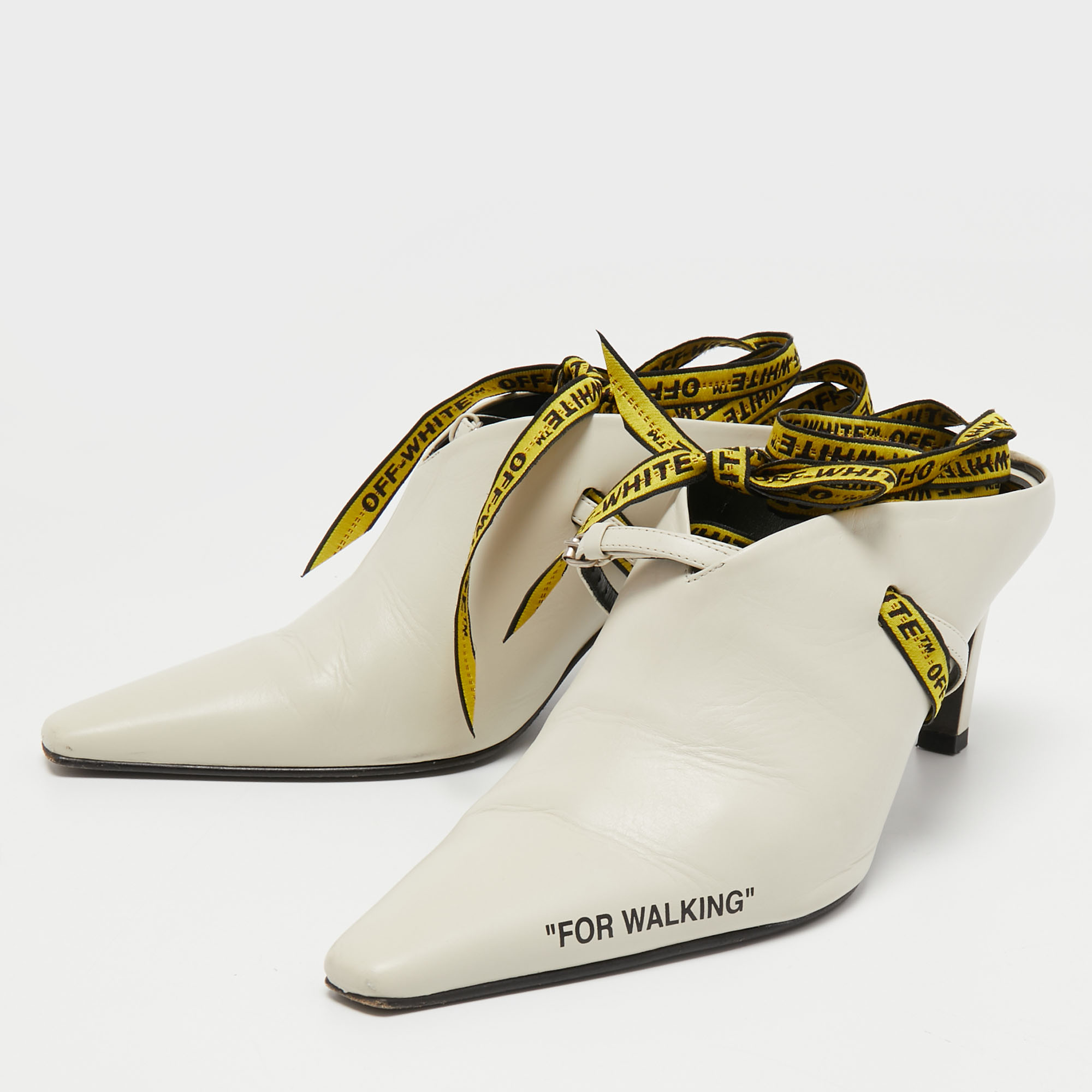 

Off-White Cream Leather For Walking Ankle Tie Mules Size