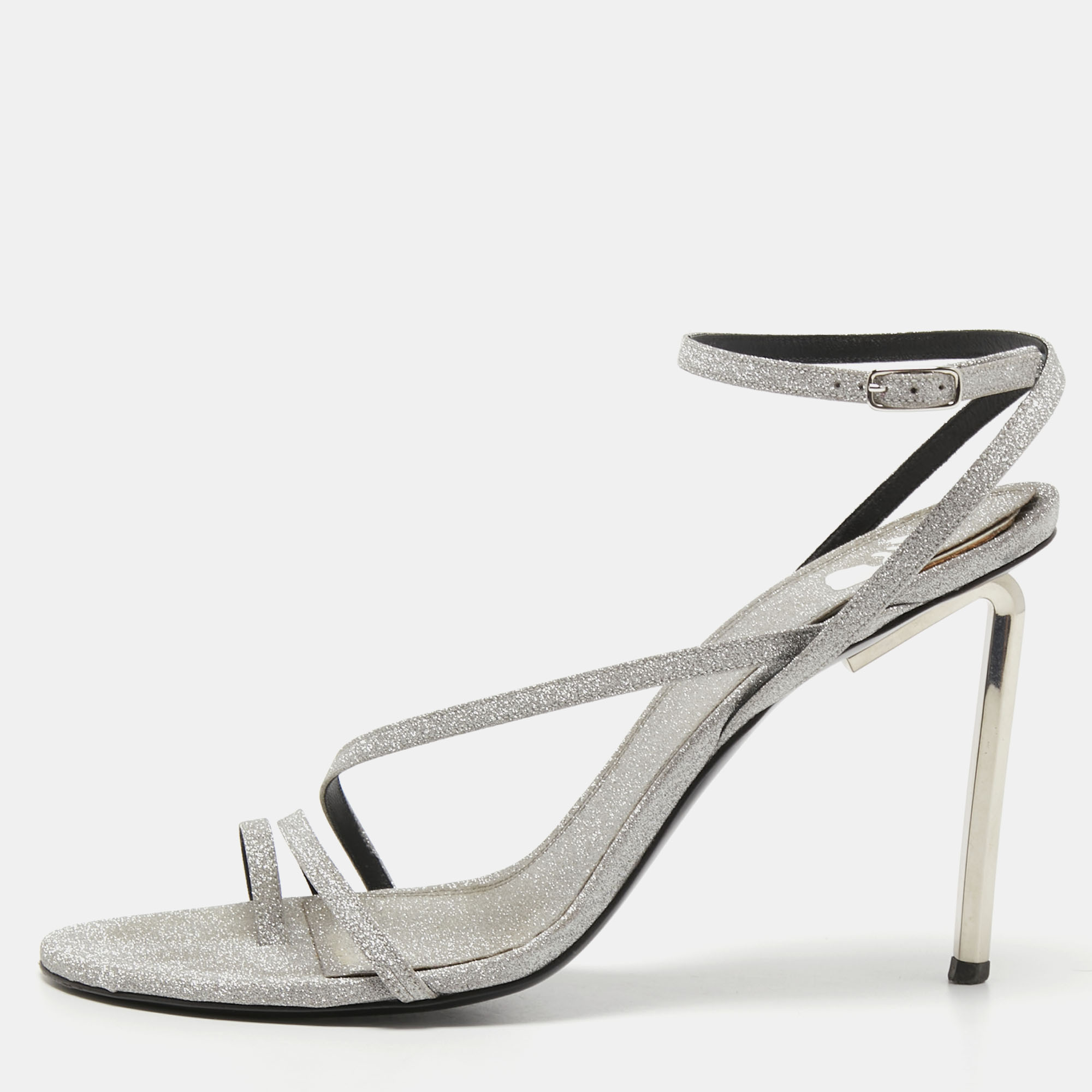 Pre-owned Off-white Metallic Grey Glitter Allen Ankle Strap Sandals Size 40