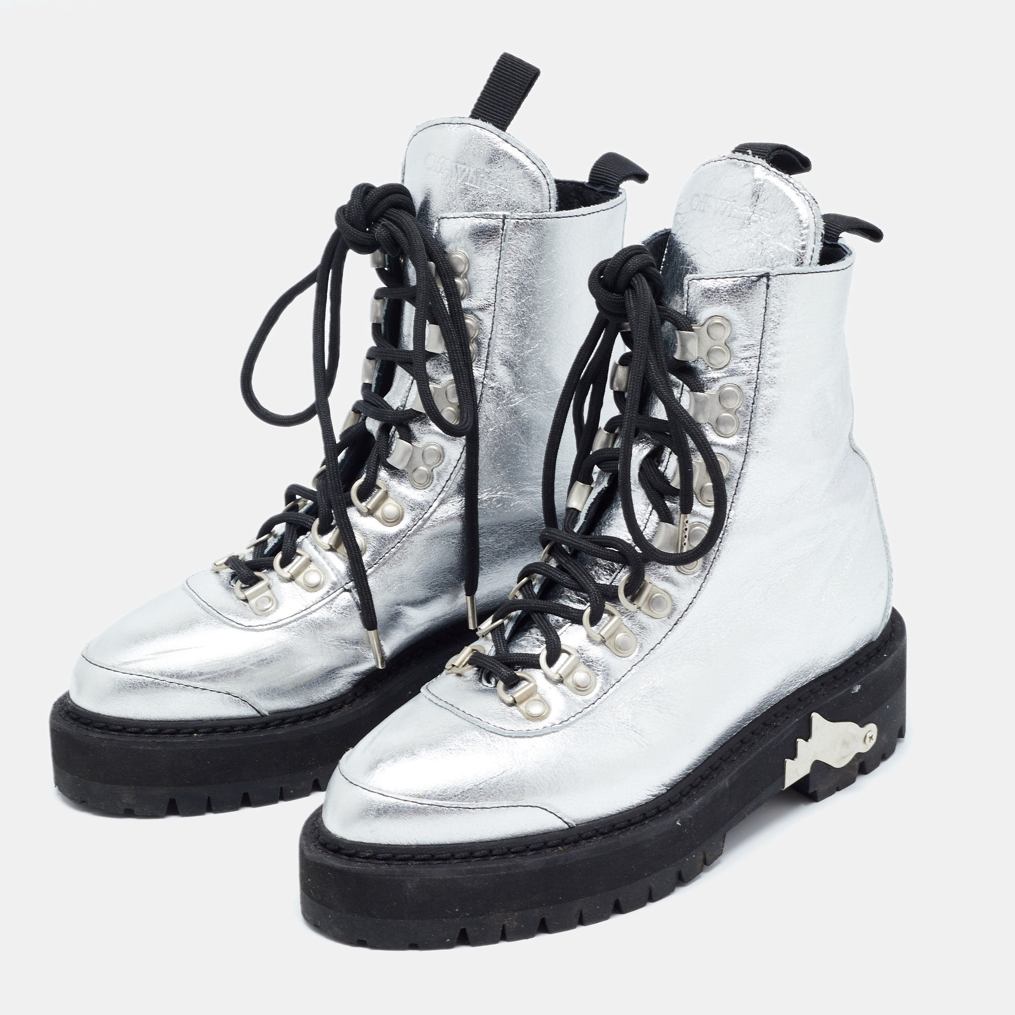

Off-White Silver Leather Lace Up Boots Size