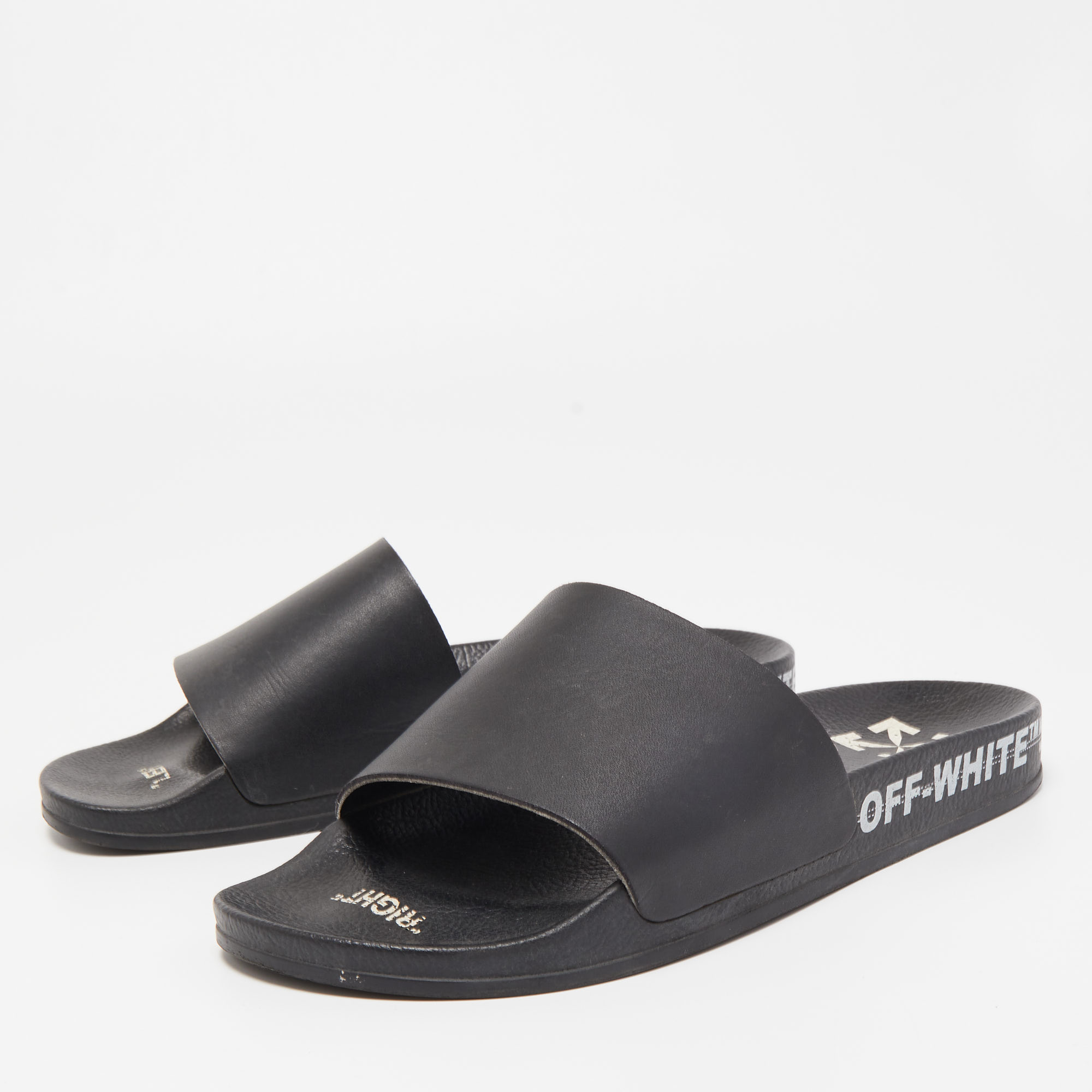 

Off-White Black Leather Printed Flat Slides Size