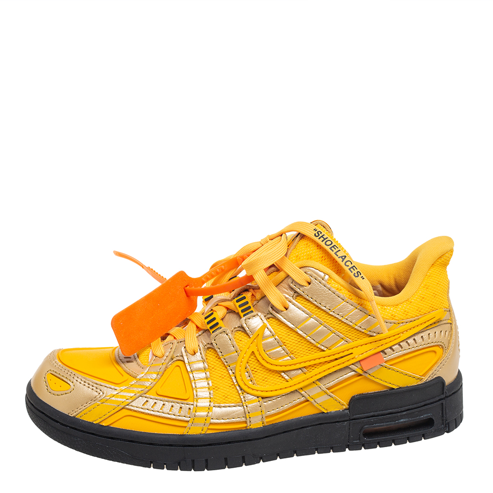 

Off-White x Nike Yellow/Metallic Gold Leather And Fabric Dunk University Sneakers Size