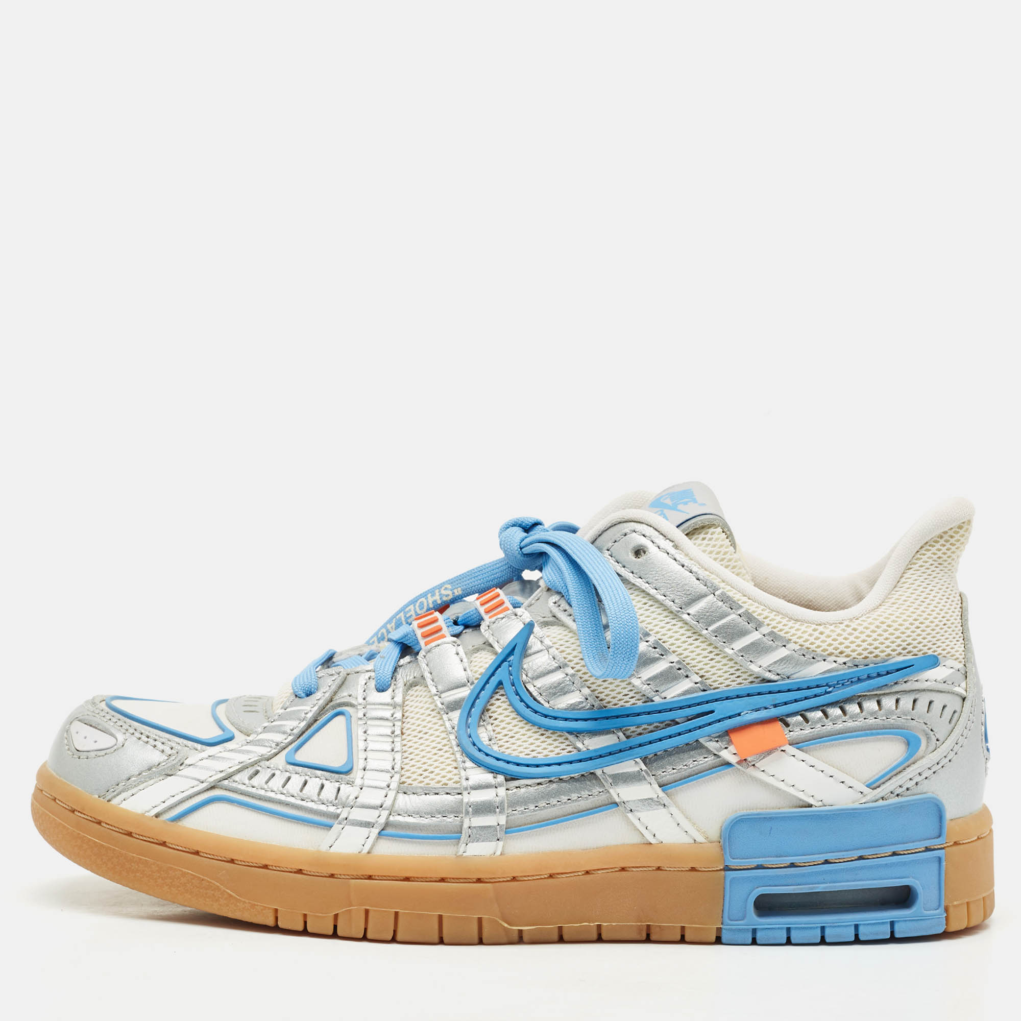 

Off-White x Nike Silver/White Leather and Mesh Air Dunk UNC Sneakers Size 39, Blue