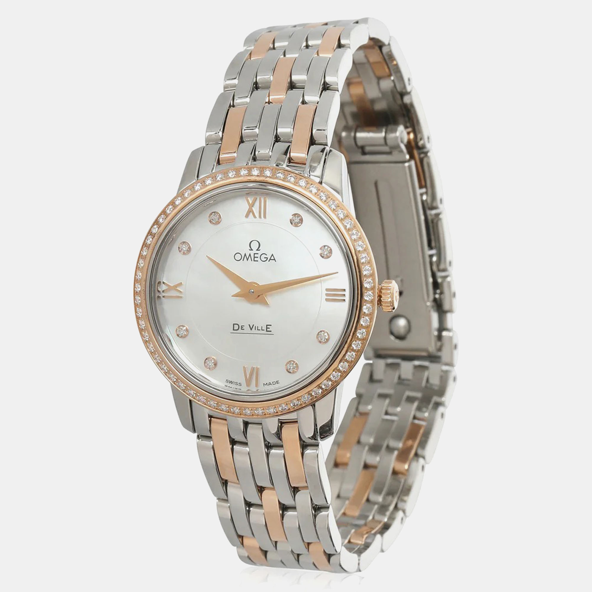 

Omega White Mother Of Pearl 18k Rose Gold Stainless Steel De Ville Prestige 424.25.27.60.55.002 Quartz Women's Wristwatch 27 mm