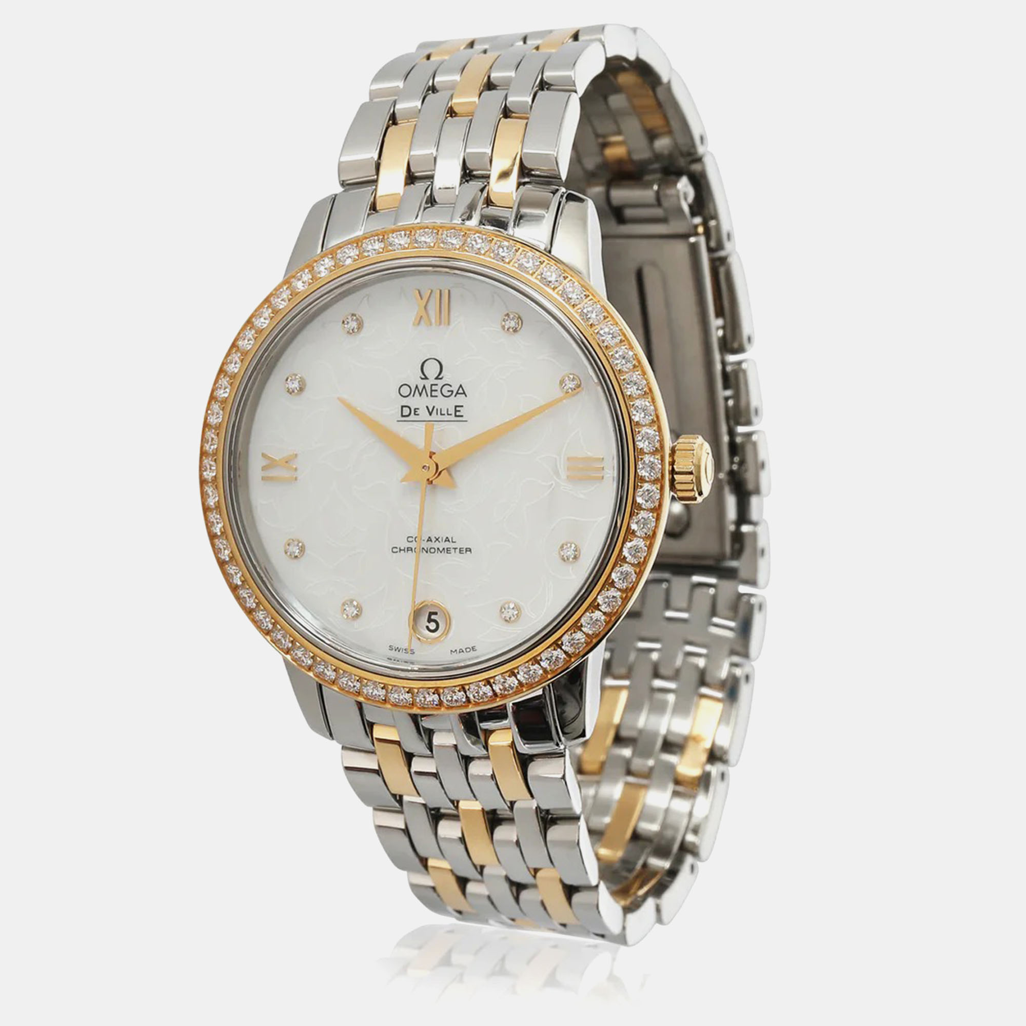 

Omega White Mother Of Pearl 18k Yellow Gold Stainless Steel De Ville Prestige 424.25.33.20.55.004 Automatic Women's Wristwatch 33 mm