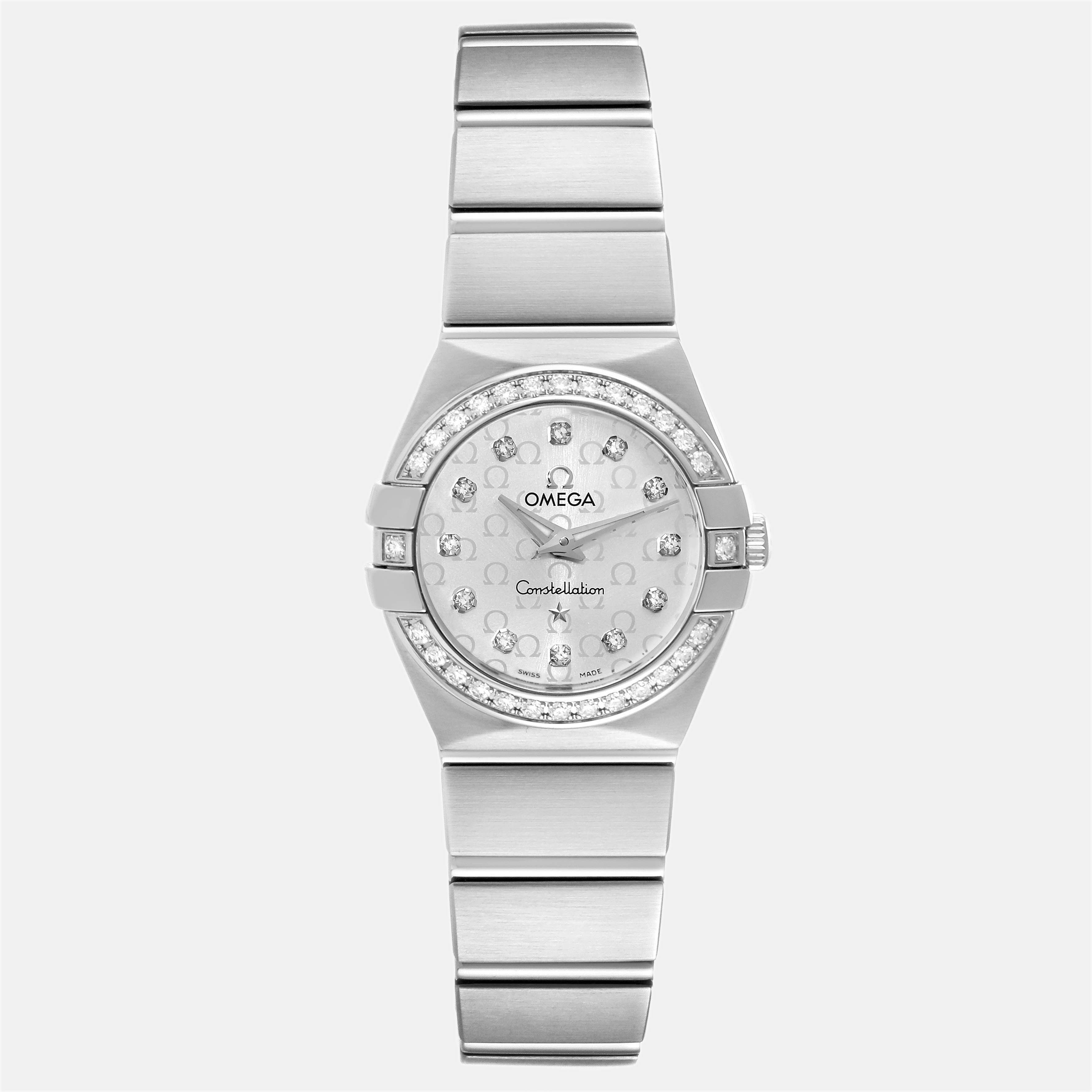 Pre-owned Omega Silver Diamond Stainless Steel Constellation 123.15.24.60.52.001 Quartz Women's Wristwatch 24 Mm