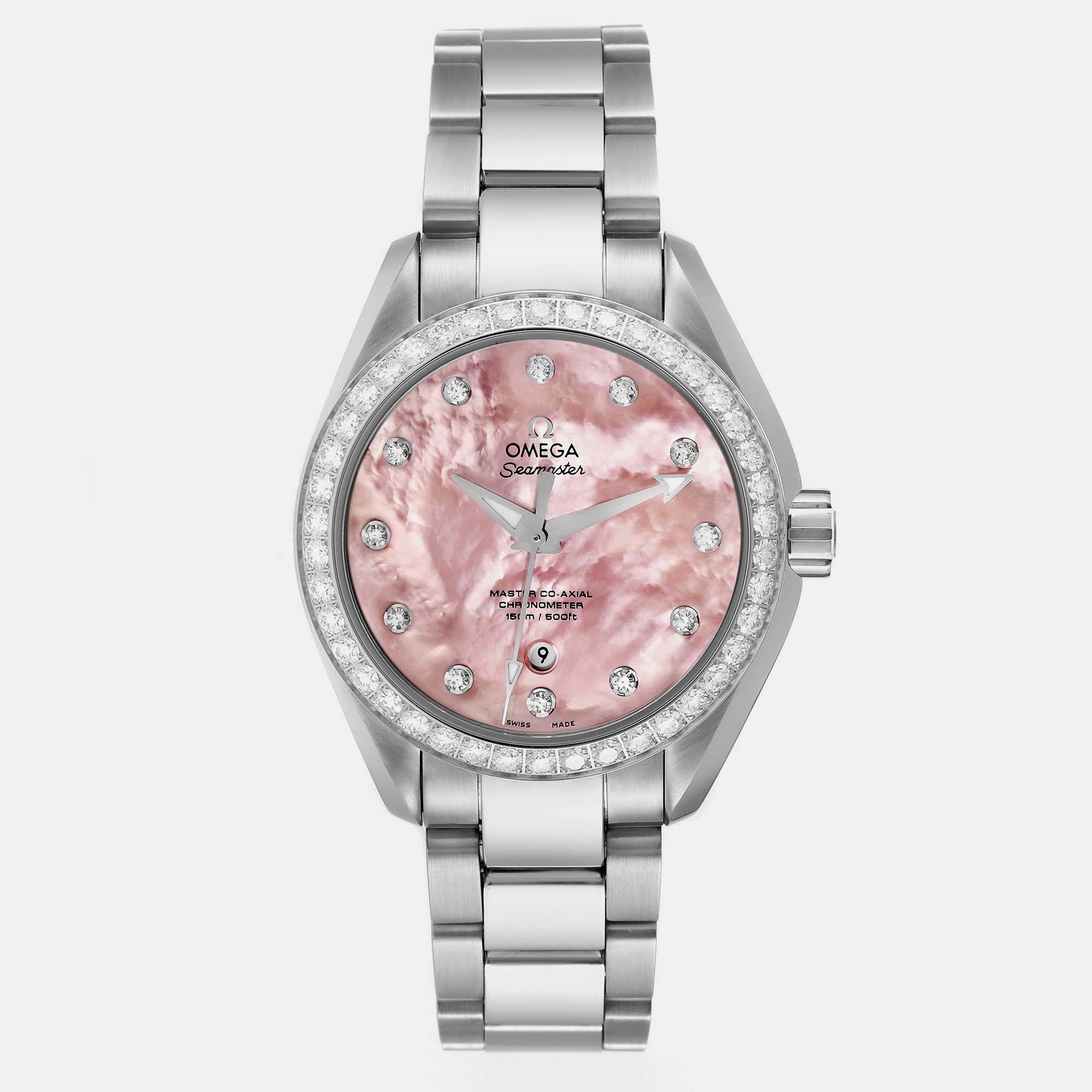 

Omega Pink Shell Diamond Stainless Steel Seamaster Aqua Terra 231.15.34.20.57.003 Automatic Women's Wristwatch 34 mm