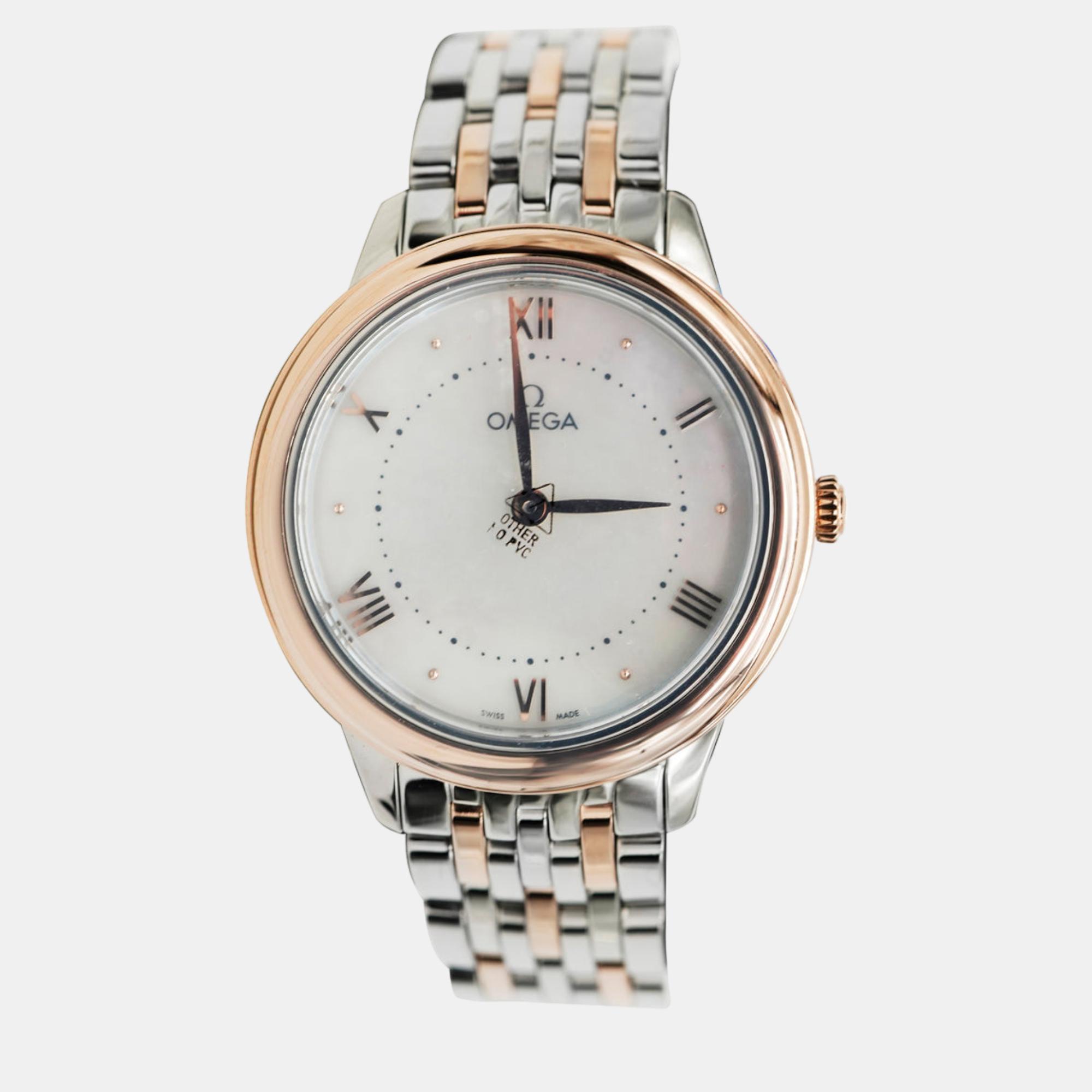 

Omega White Mother Of Pearl 18k Rose Gold Stainless Steel Prestige 434.20.30.60.05.001 Quartz Women's Wristwatch 30 mm